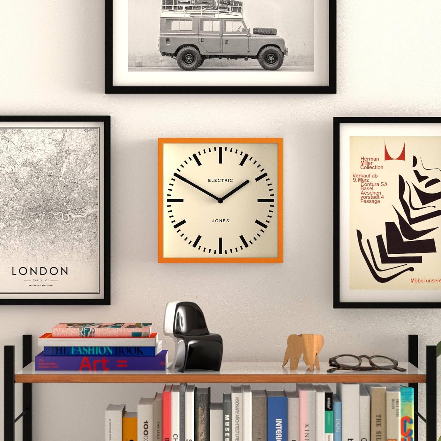 JONES CLOCKS® Box Railway Wall Clock | Square Station Clock | 10 inch | Cool Designer Look for Kitchen, Living Room or Office (Orange)