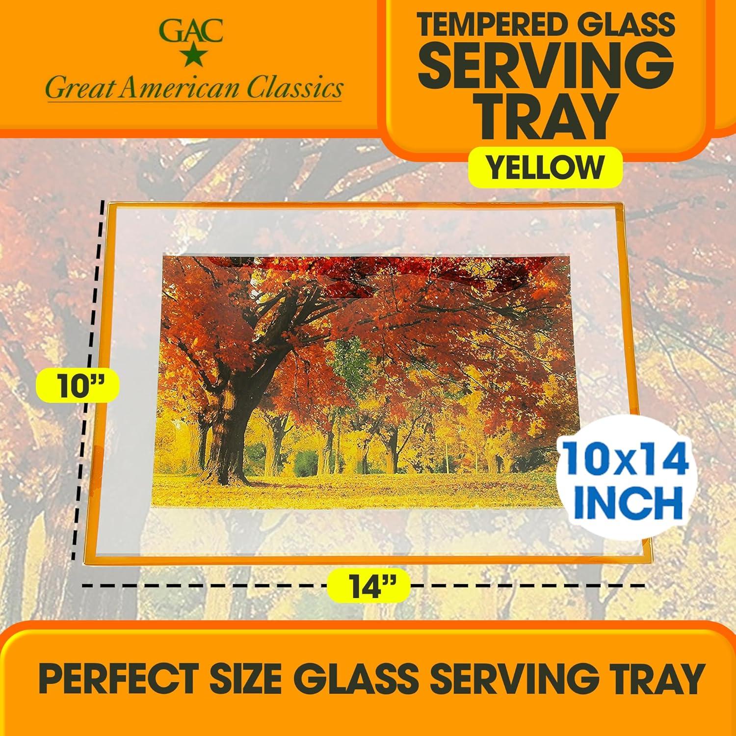 GAC Unique Landscape Design Rectangular Tempered Glass Serving Tray on Glass Ball Legs – 10x14 Inch – Break Resistant – Oven, Microwave, and Dishwasher Safe–Attractive Yellow Colored Serving Platter