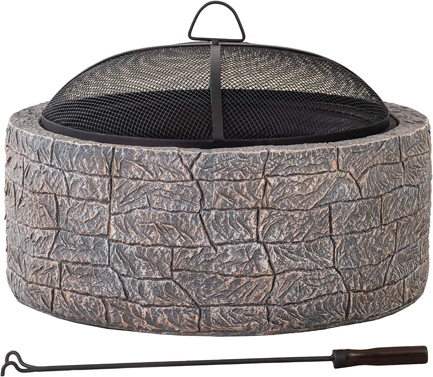Sunjoy Stone Fire Pit 26 Inch, Outdoor Round Wood Burning Fire Pits with Spark Screen and Poker Grey