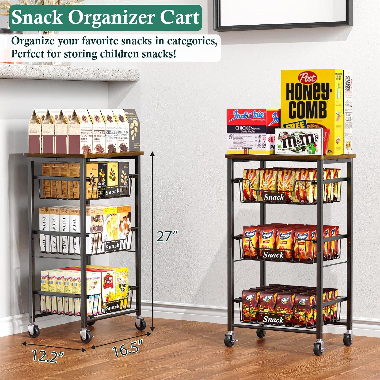 Small Kitchen Storage Cart On Wheels, Metal Fruit Basket Stand With Pull-Out Baskets & Wood Top For Potato Onion Produce Snack Veggies,(4-Tier /Black+ Rustic Board)