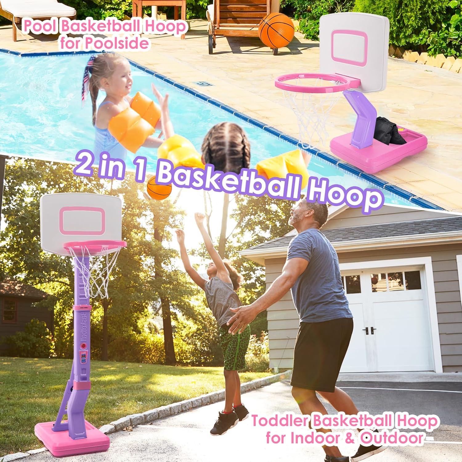 Toddler Little Girls Basketball Hoop Set with 4 Balls for Indoor Outdoor Age 1-3 2-4 3-5, Height Adjustable Basketball Goal for Kids Backyard Basketball Toys for 1 2 3 4 Year Old Girl Birthday Gifts