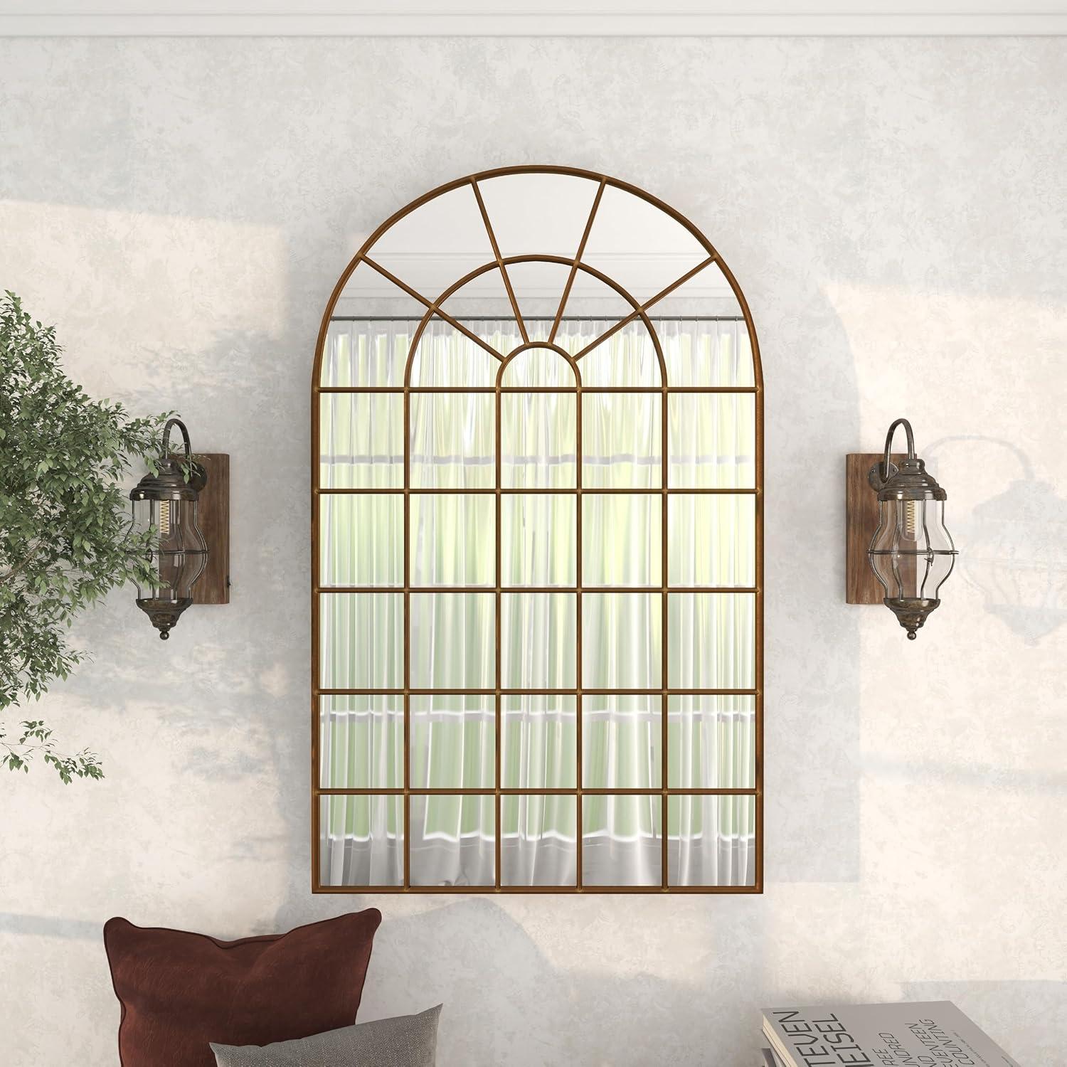 DecMode Contemporary Squre Wood Window Shaped Wall Mirror, 56"W x 44"H with Distressed Brass Colored Frame