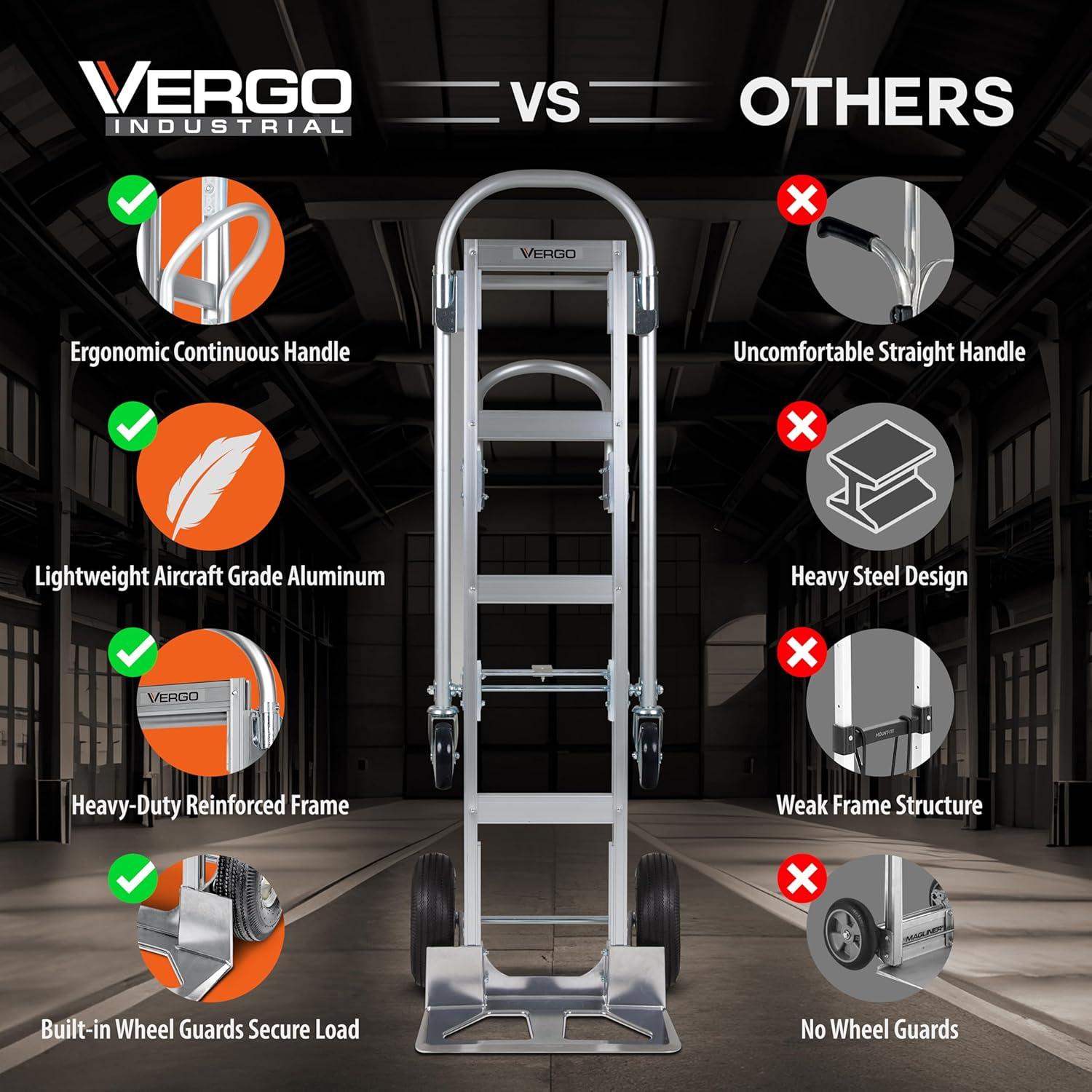 Vergo Industrial AS7B Aluminum Convertible Hand Truck Dolly Cart with Loop Handle 800 lbs Capacity (2 Positions, 63" High)
