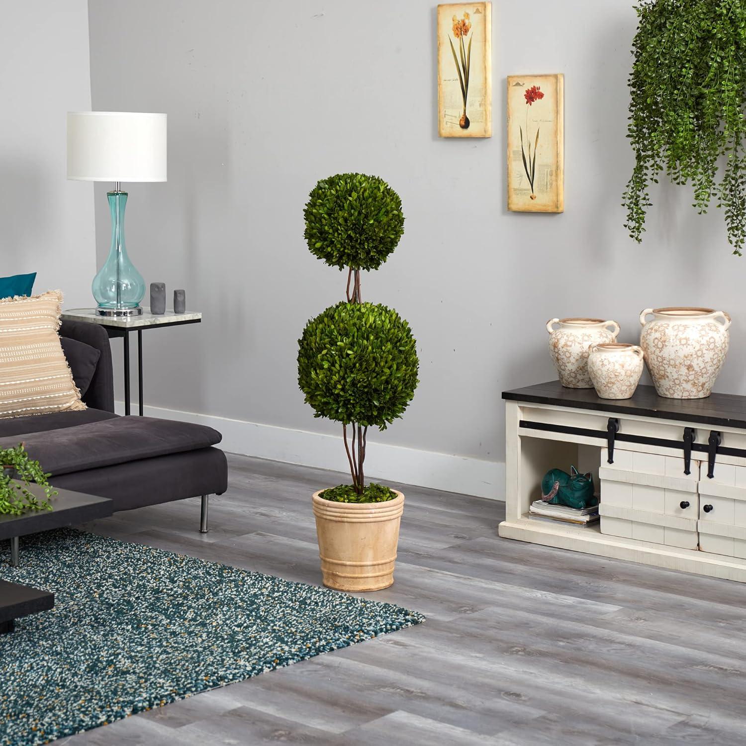 Nearly Natural 4-ft Preserved Boxwood Double Ball Topiary Tree in Planter