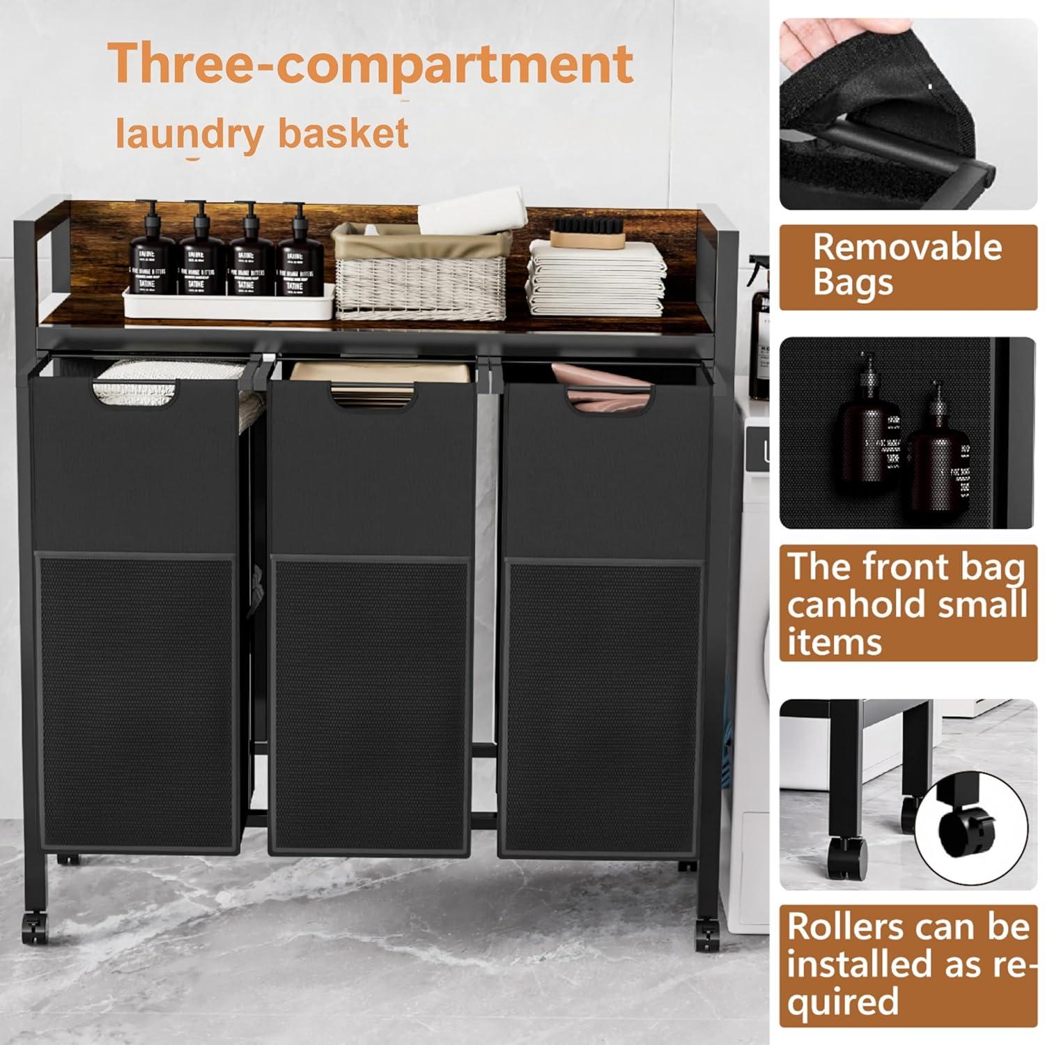 Laundry Sorter 3 Section,360°Rolling Laundry Basket,3 Pull-Out and Removable Oxford Fabric Laundry Bags(144L),Rustic Brown and Black