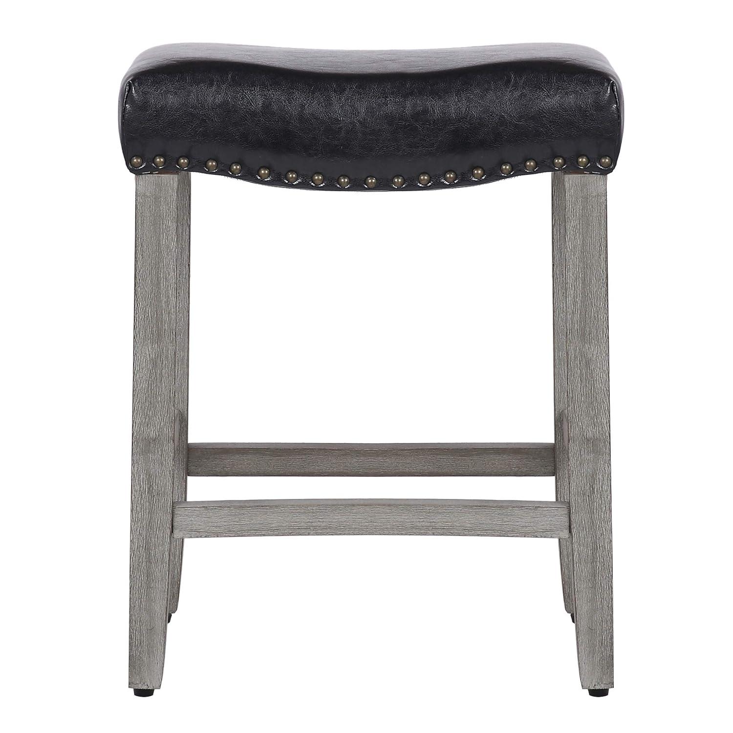 Antique Gray and Navy Blue Saddle Style Wood Bar Stool, 24"