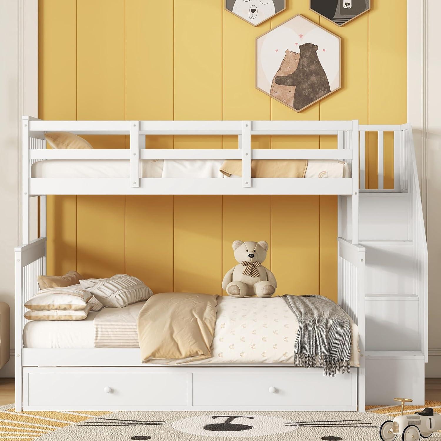 CITYLIGHT Bunk Bed Twin Over Full with Trundle, Bunk Beds with Stairs and Open Shelves, Wooden Stairway Bunk Bed for Kids, Teens,Bedroom, Dorm(White,Twin Over Full)