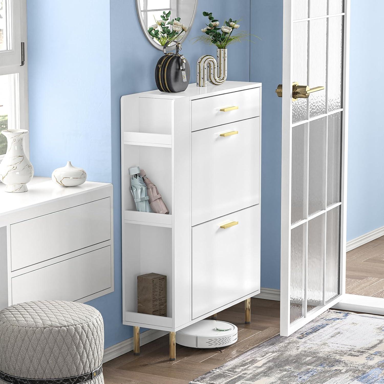 Shoe Cabinet Storage for Entryway  Freestanding Slim Shoe Organizer Cabinet with 2 Flip Drawers  Narrow Shoe Rack with Open Shelves for Hallway  Living Room  White