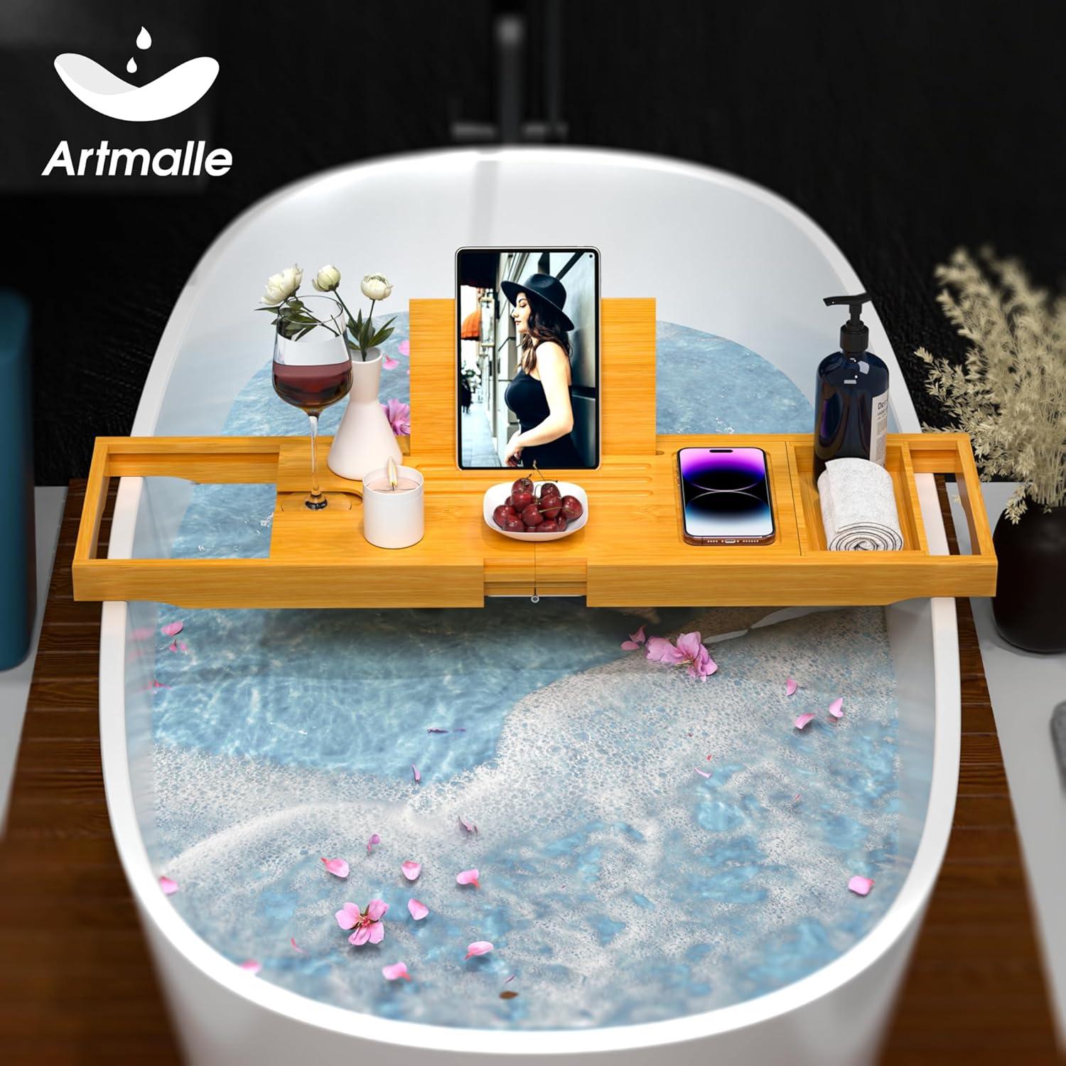 Artmalle Foldable Bathtub Tray for Tub, Bamboo Bathtub Caddy Tray Table with Book Stand for Luxury Bath, Bathroom Accessories for Women Men with Free Soap Dish (Semi-Simple, Natural) (Natural)