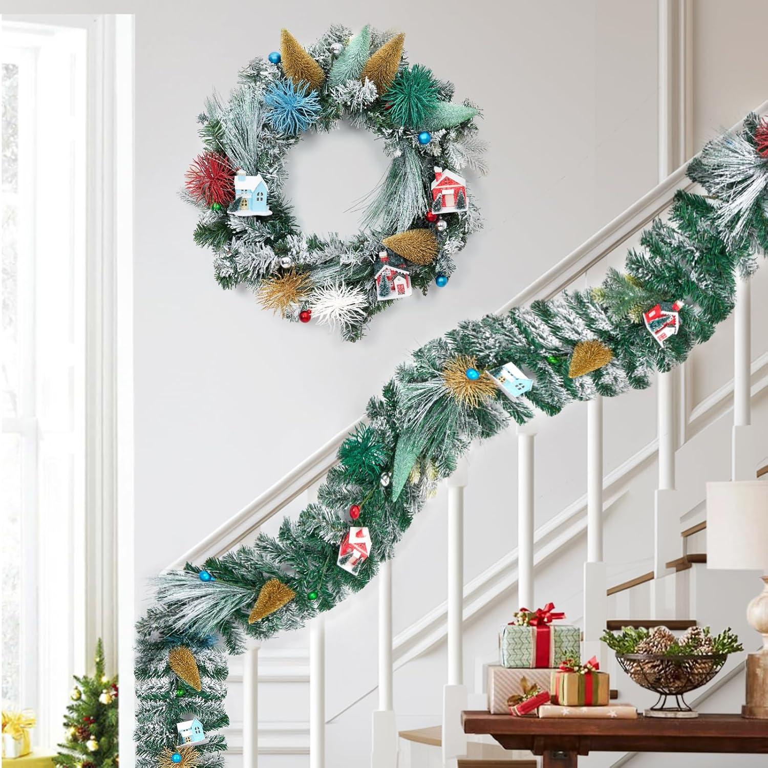 24 Inch Christmas Wreaths for Front Door, Xmas Village Wreath with Tree and Little House Decorations