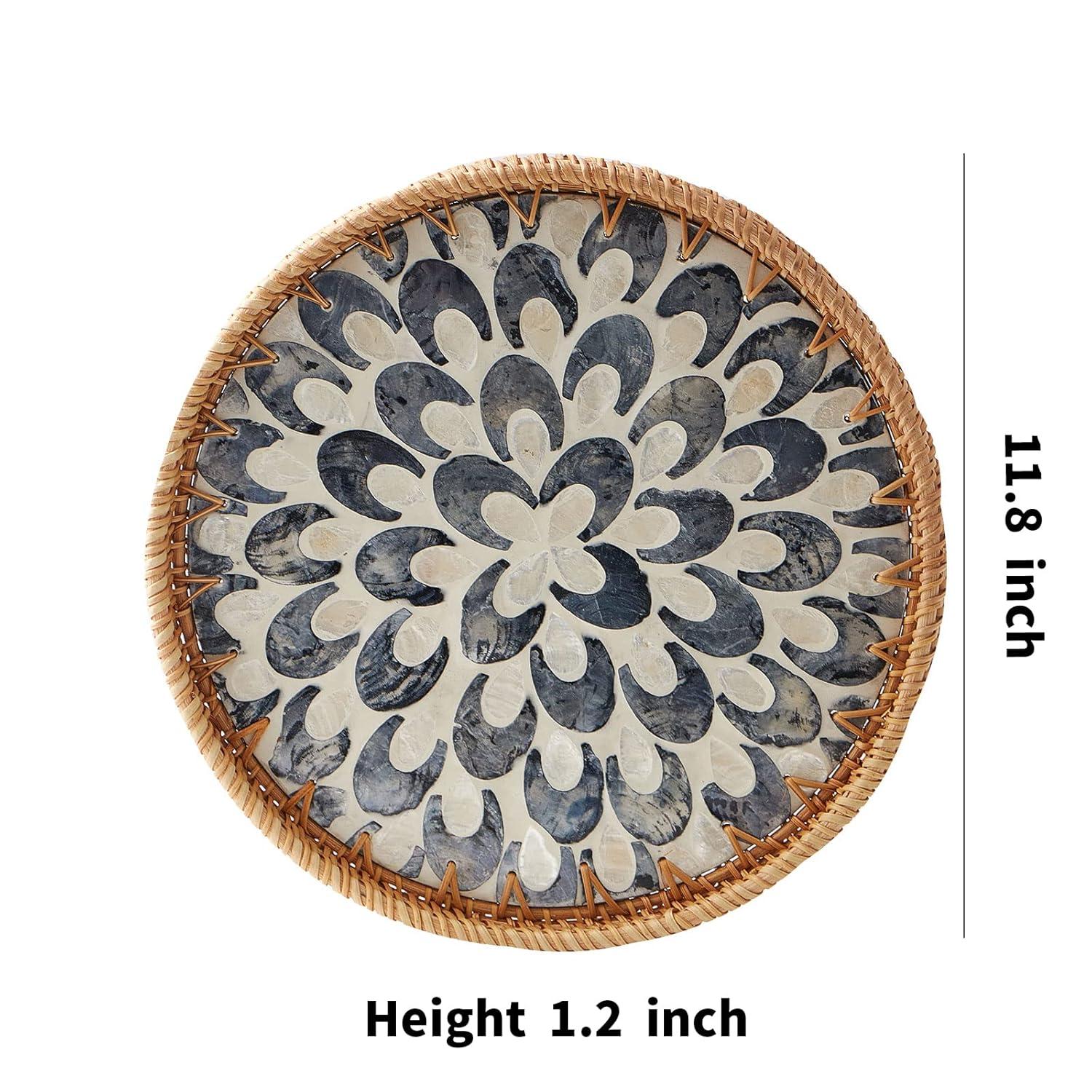 Bayou Breeze Round Rattan Tray With Mother Of Pearl Inlay, Rattan Serving Tray With Wooden Base, Decorative Wicker Basket For Table Decor, Storage And Display Of Coffee Bread Food Fruit