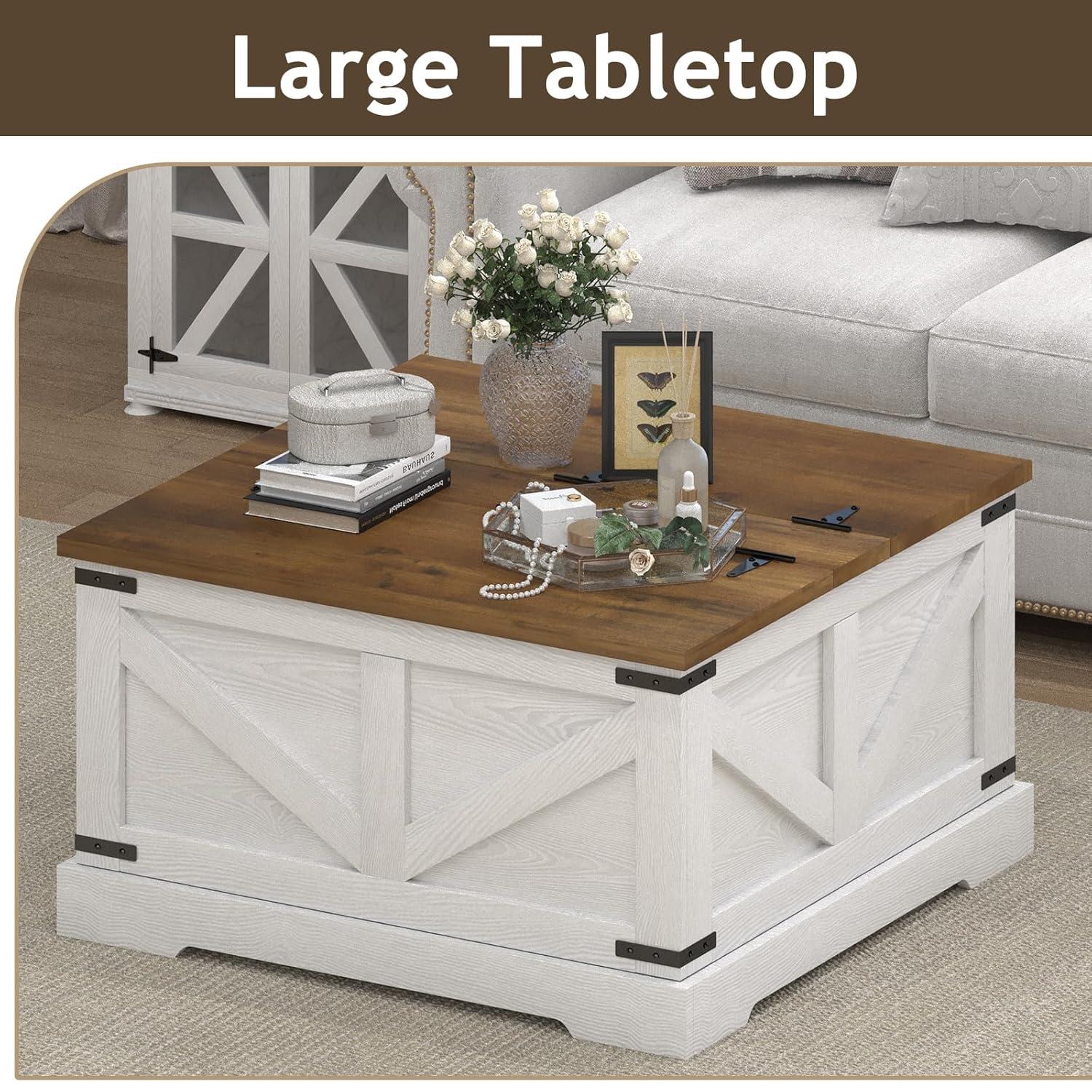 Farmhouse Coffee Table with Hidden Storage Compartment, White Square Coffee Table for Living Room, Wood Center Table with Hinged Lifting Tabletop for Home