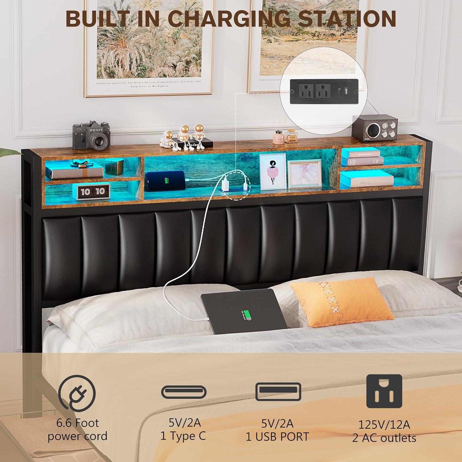 Ivy Bronx Kanchi Upholstered Metal Platform LED Bed Frame with 4 Storage Drawers and Bookcase Headboard, Black