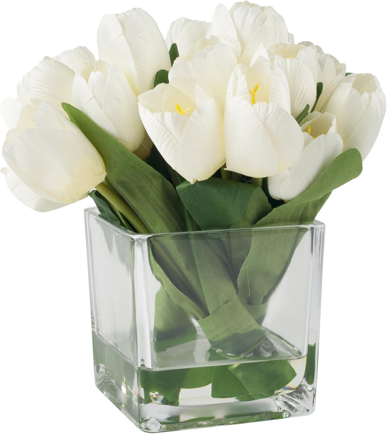 Tulip Floral Arrangement in Vase- 24 Cream Artificial Flowers with Leaves in Decorative Clear Glass Square Bowl & Faux Water for Décor by Pure Garden