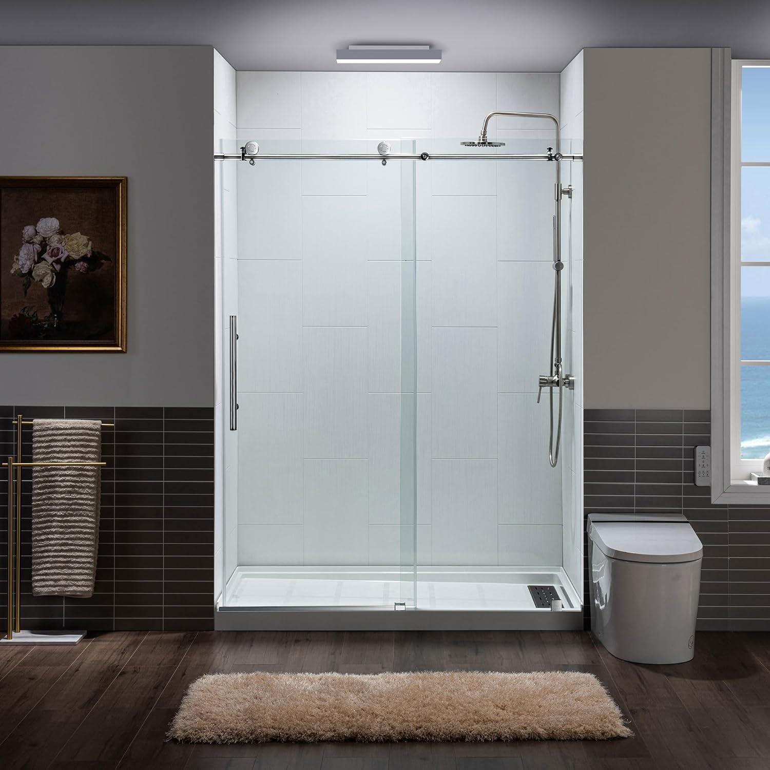 WoodBridge Frameless Single Sliding Shower Door with Soft Close System, 57.5-60" Width x 80"Height with 5/16"(8mm) Clear Tempered Glass & Reviews | Wayfair