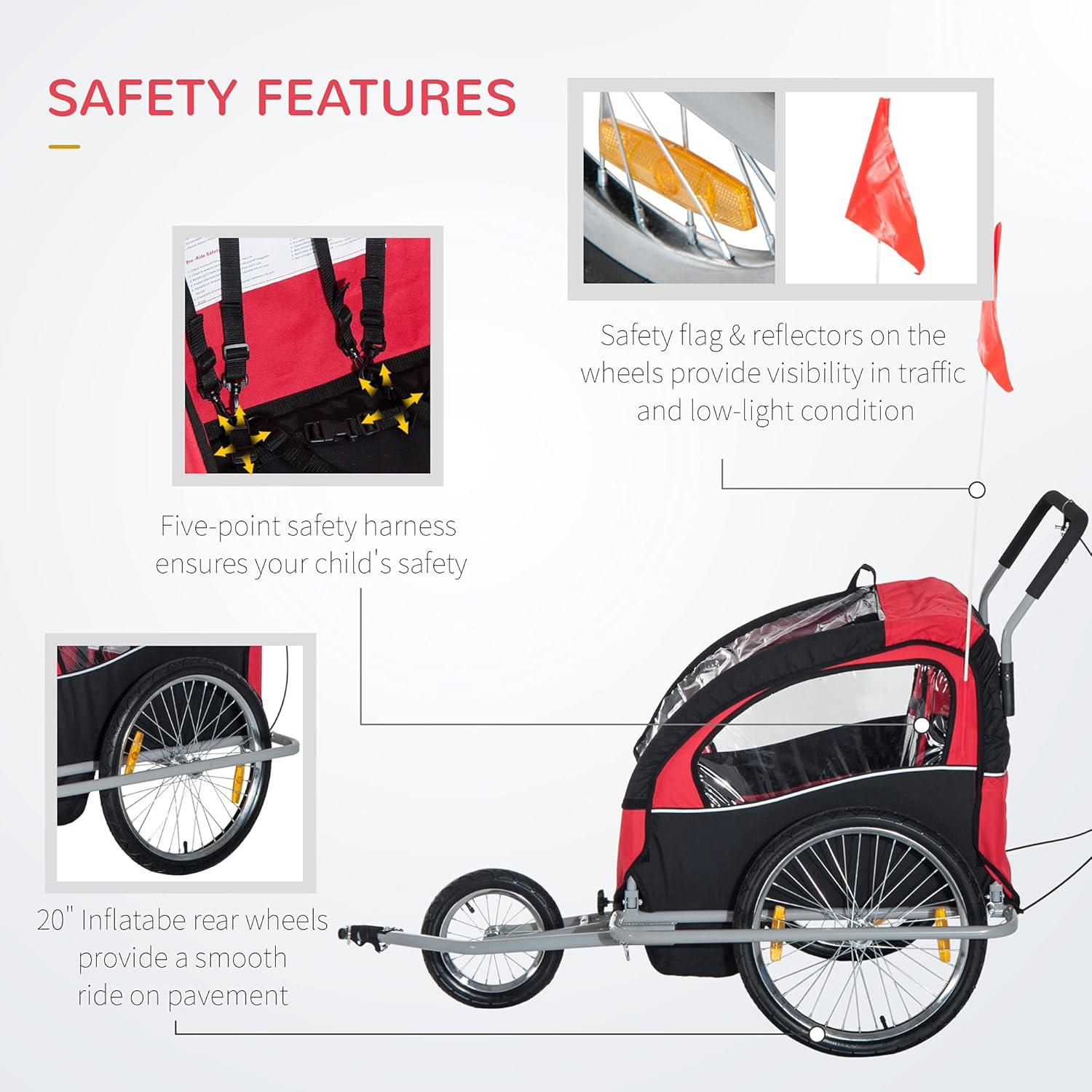Aosom Elite Three-Wheel Bike Trailer for Kids Bicycle Cart for Two Children with 2 Security Harnesses & Storage, Red