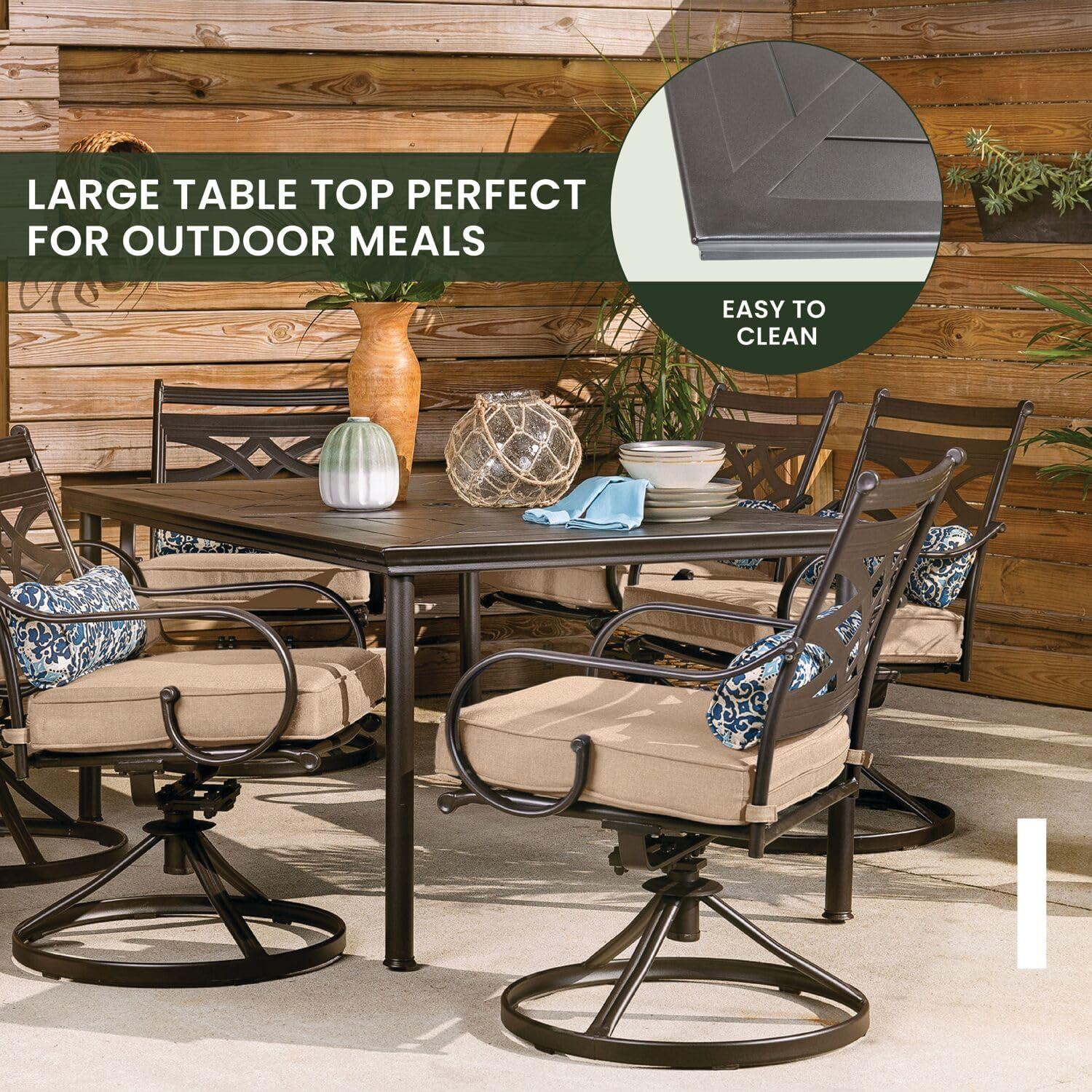 Hanover Montclair 7-Piece Steel Dining Set with 6 Swivel Rockers and Dining Table, Seats 6