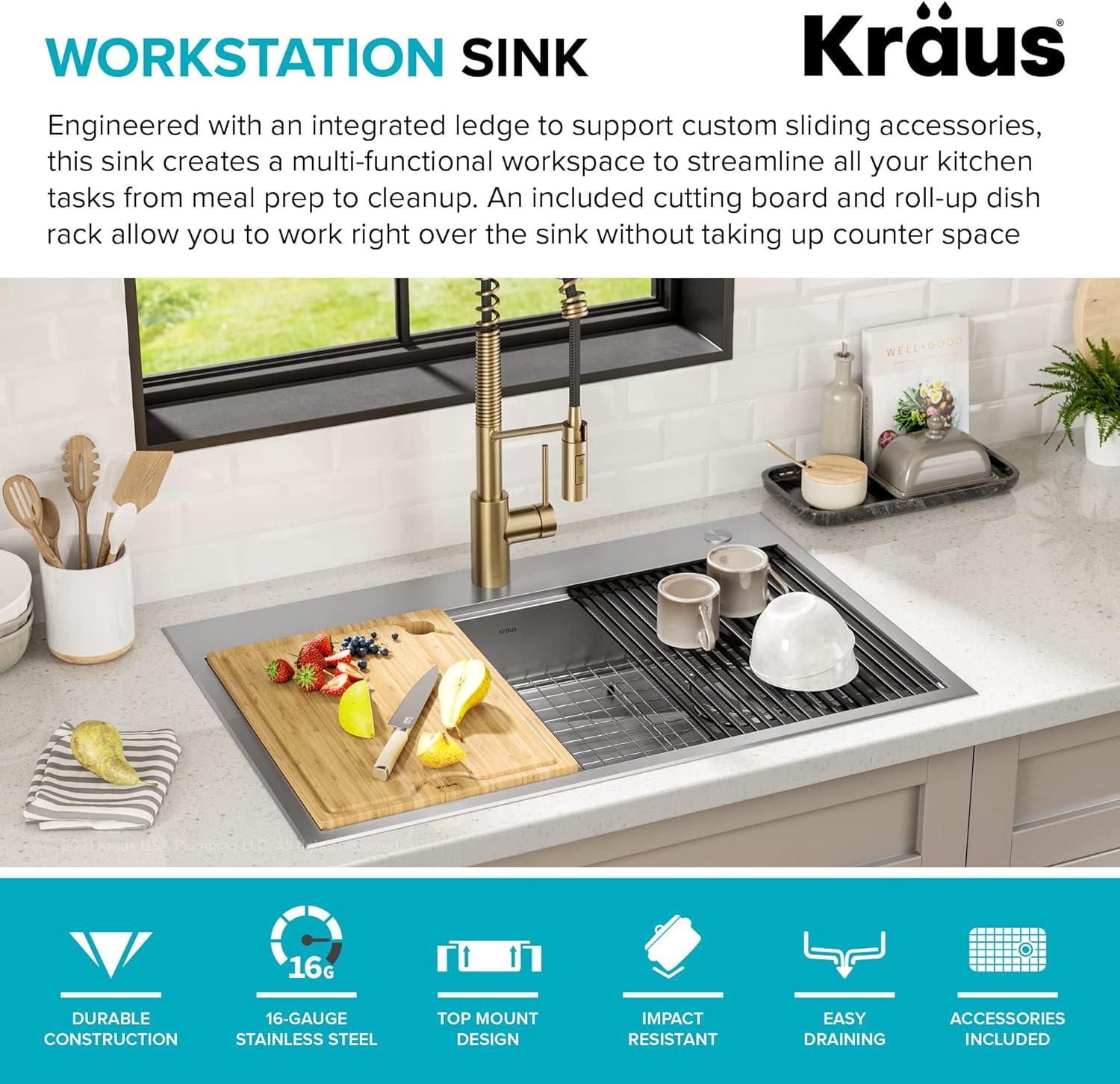 Kraus KWT310-33/5.5 Kore™ ADA Workstation 33" L Drop-In Top Mount 16 Gauge Stainless Steel Single Bowl Kitchen Sink with Accessories
