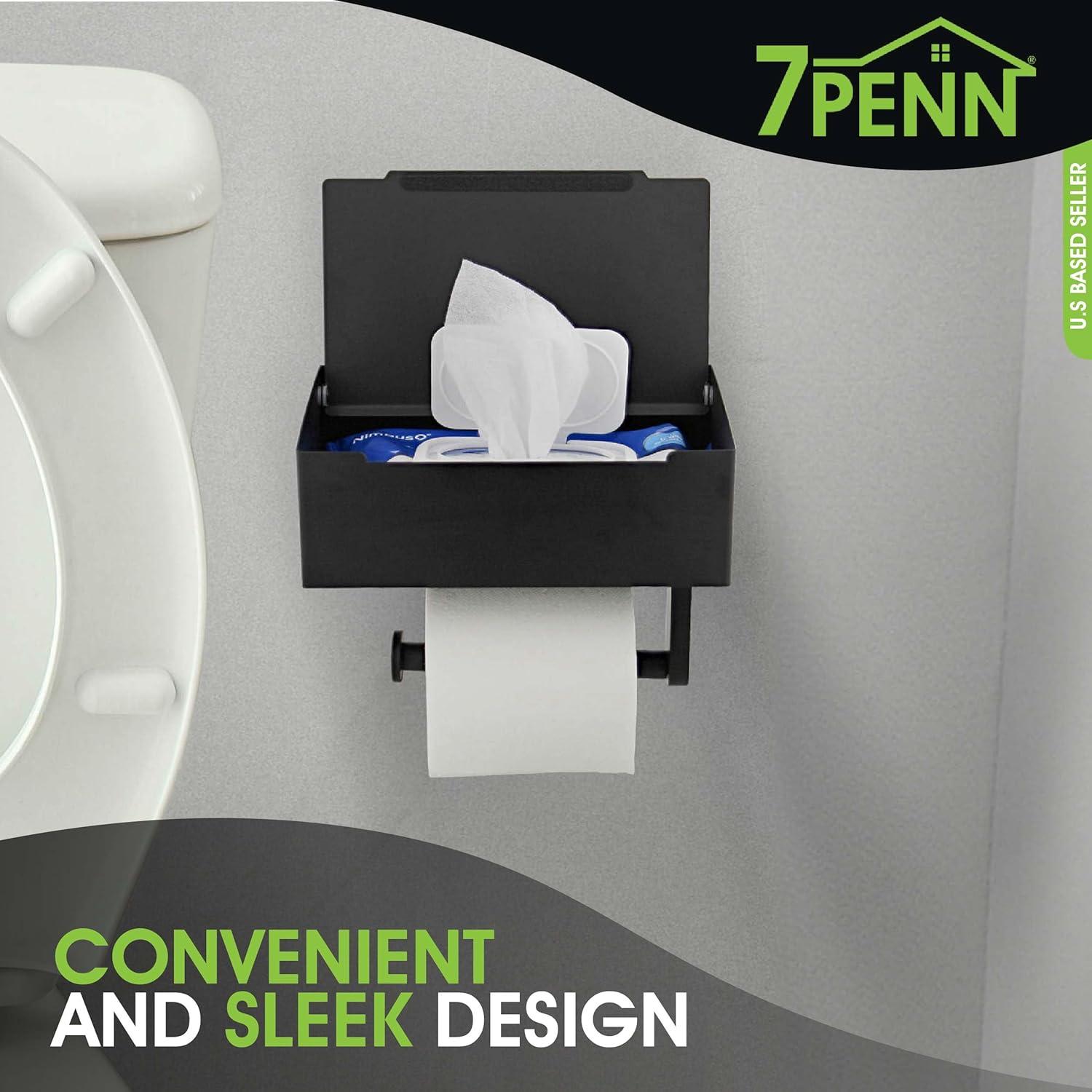 7Penn Bathroom Organizer - Matte Black Toilet Paper Holder with Shelf and Flushable Wipes Dispenser Storage Compartment