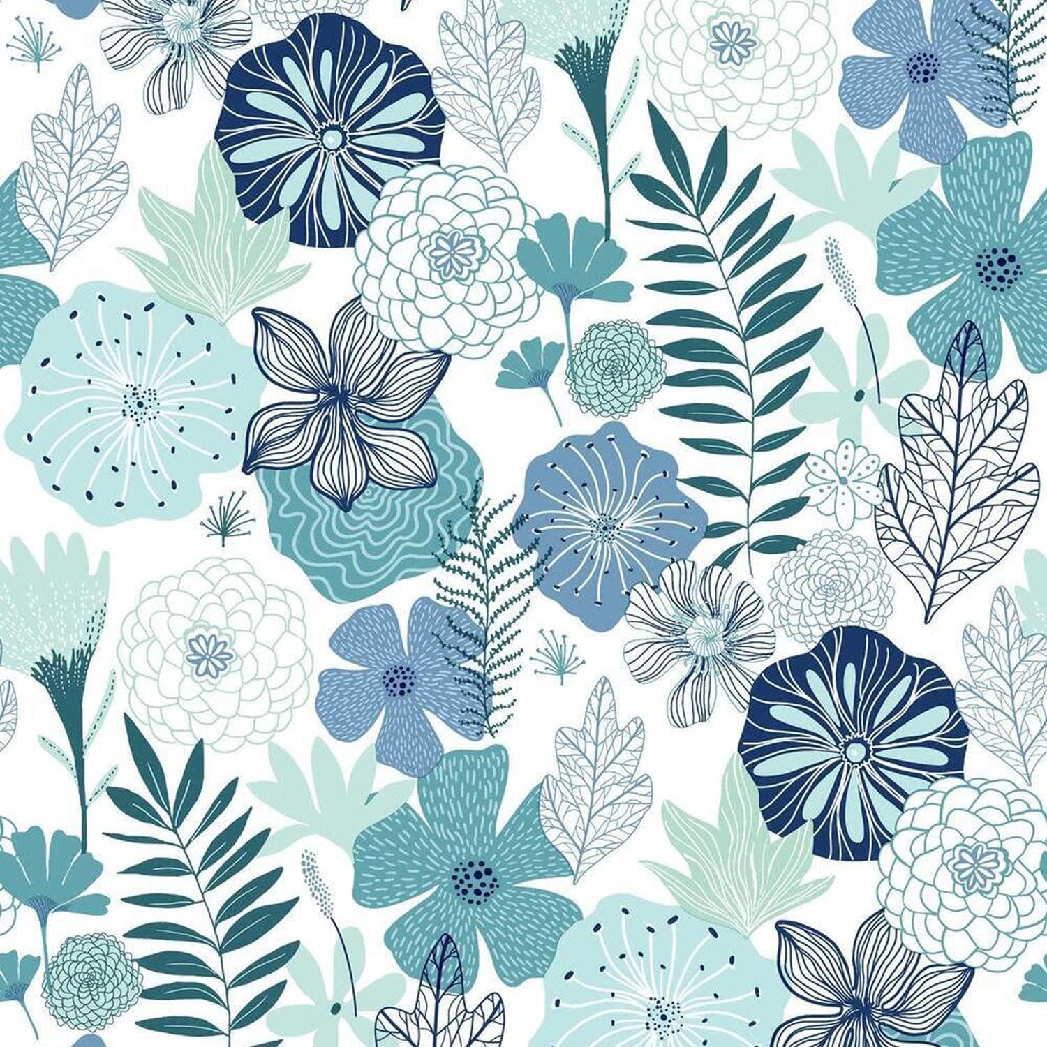 RoomMates Blooms Peel and Stick Wallpaper: Self-Adhesive Vinyl, Modern Floral, Repositionable, 28 Sq Ft Coverage, Blue