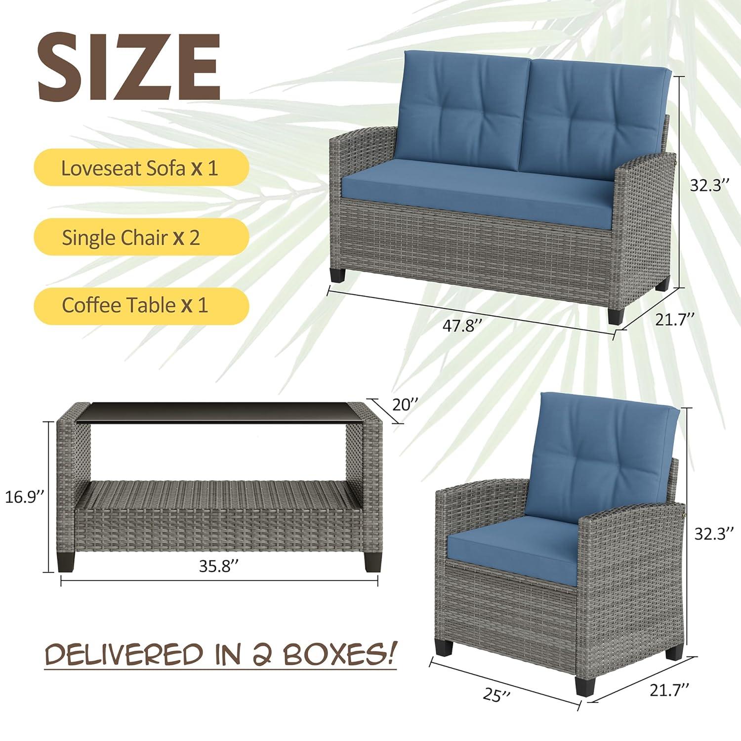 Shintenchi 4 Piece Patio Furniture Set, Outdoor Rattan Conversation Set with Coffee Table, Outside Wicker Sectional Sofa Couch with Cushion, Gray and Blue