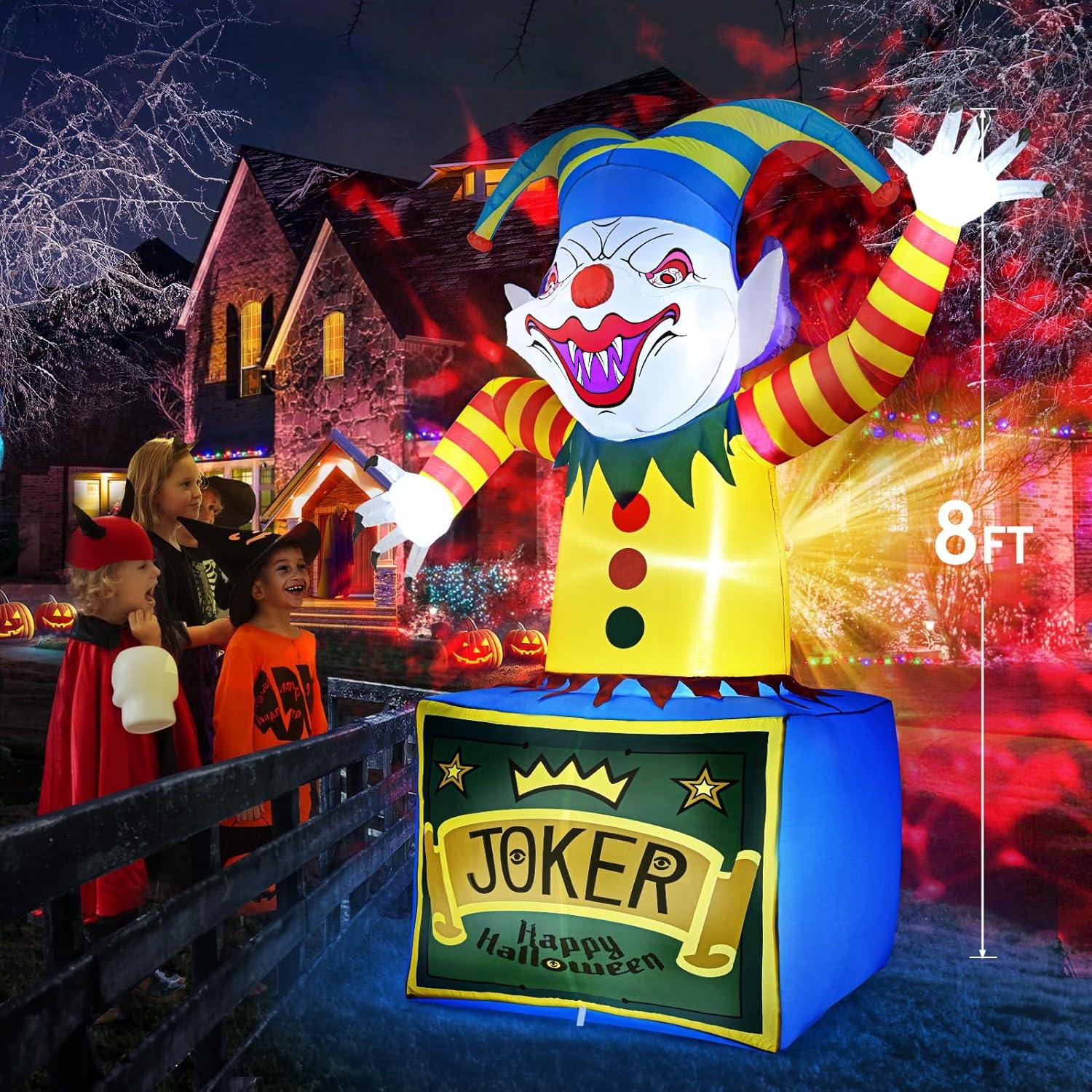 8 FT Halloween Inflatables Clown Outdoor Decorations with Dynamic Flame Projector Light, Halloween Blow Up Yard Decorations with LEDs for Outside Party Garden Lawn Decor