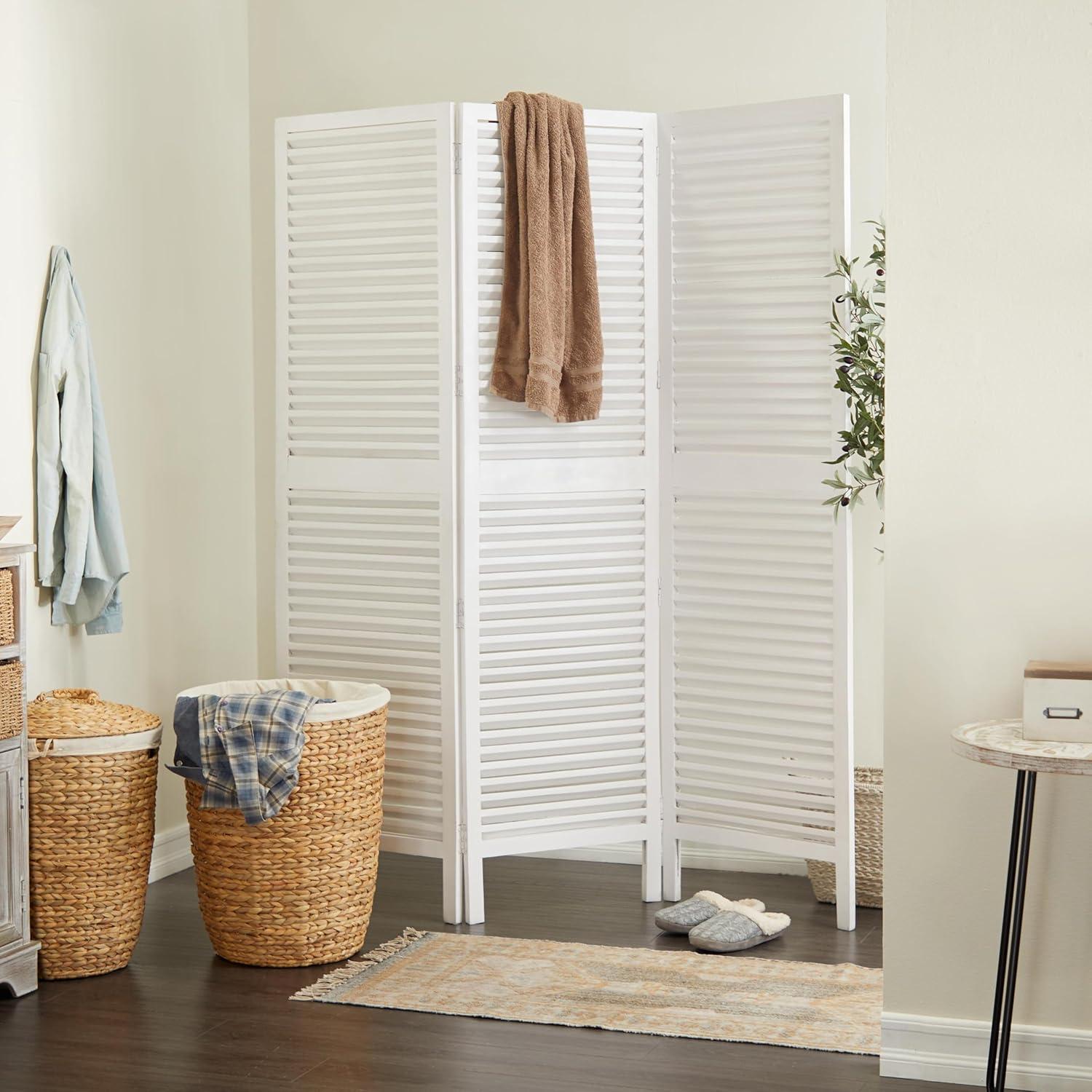 Deco 79 Wood Partition Room Divider Screen Washed Shutter Top 3 Panel Privacy Screen with Gray Distressing, Room Partition 47" x 1" x 67", White