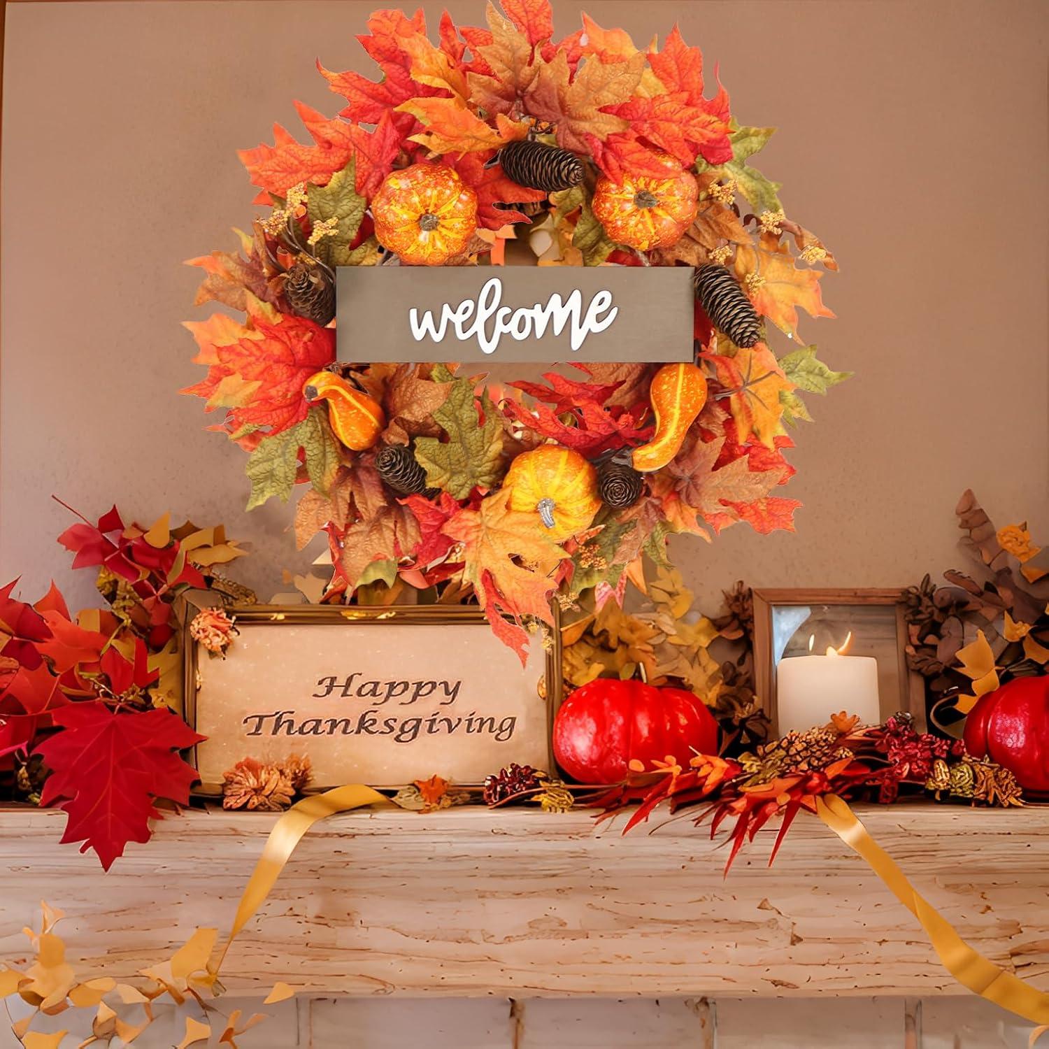 Fall Wreath 20’’ Autumn Front Door Wreath Harvest Wreath with Sunflower Pumpkins Berries Maple Leaves Daisies for Outside Indoor Home Wall Festival Thanksgiving Autumn Farmhouse Decor