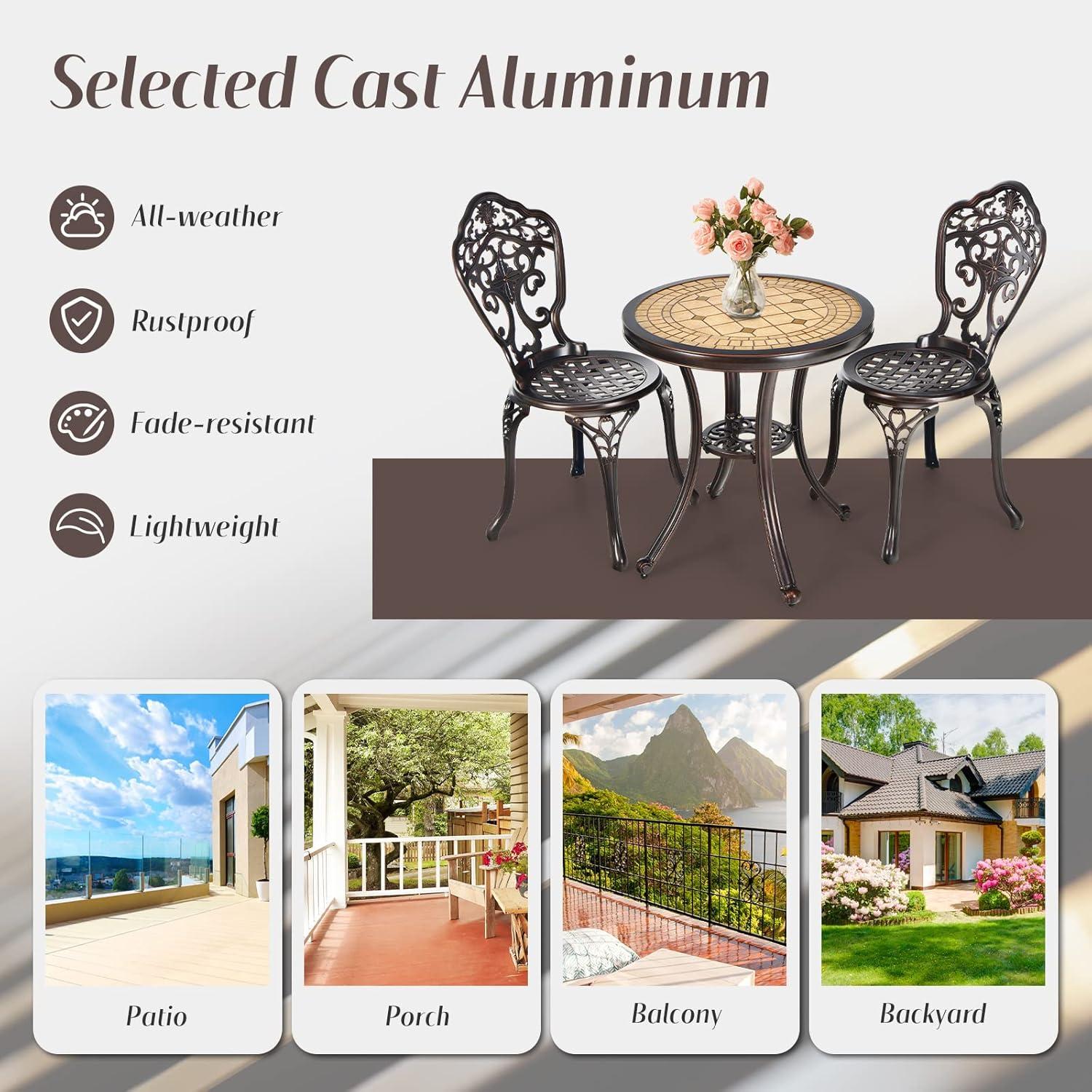 3PCS Patio Bistro Set Round Table Chairs All Weather Cast Aluminum