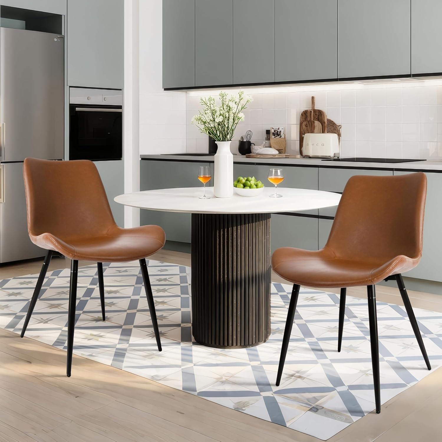 CangLong Modern ‎Faux Leather Dining Chairs, PU Cushion Seat Back, Metal Legs for Kitchen Dining Room Side Chair, Set of 2, Brown