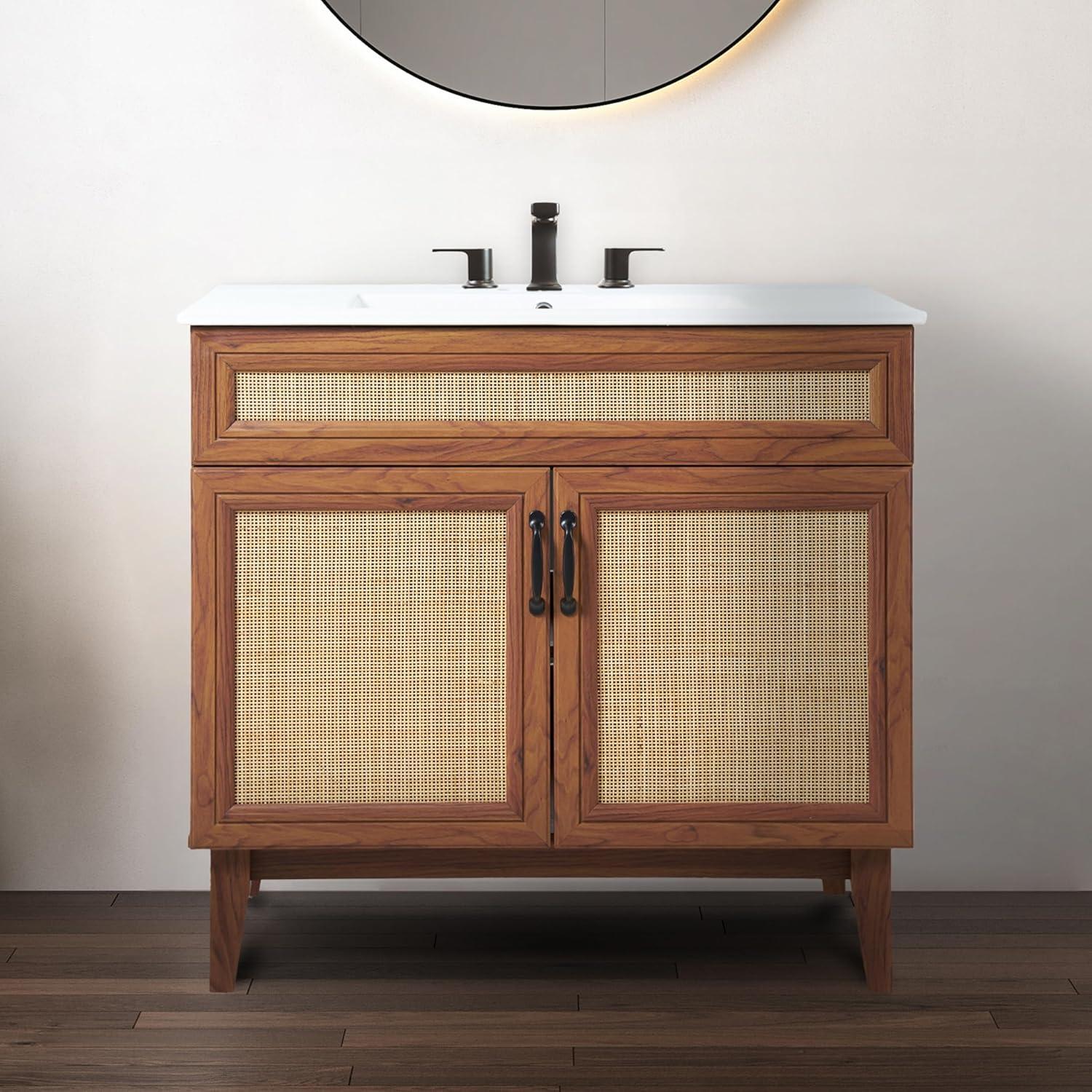 Javer 36" Rattan Modern Farmhouse 2-Shelf Bath Vanity Cabinet Only (Sink Basin not Included)