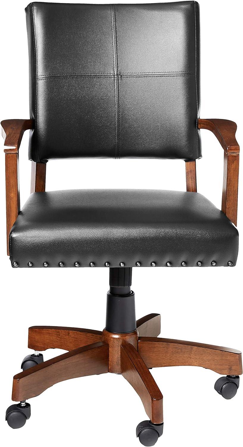 Deluxe Black Leather Swivel Banker Chair with Wood Accents