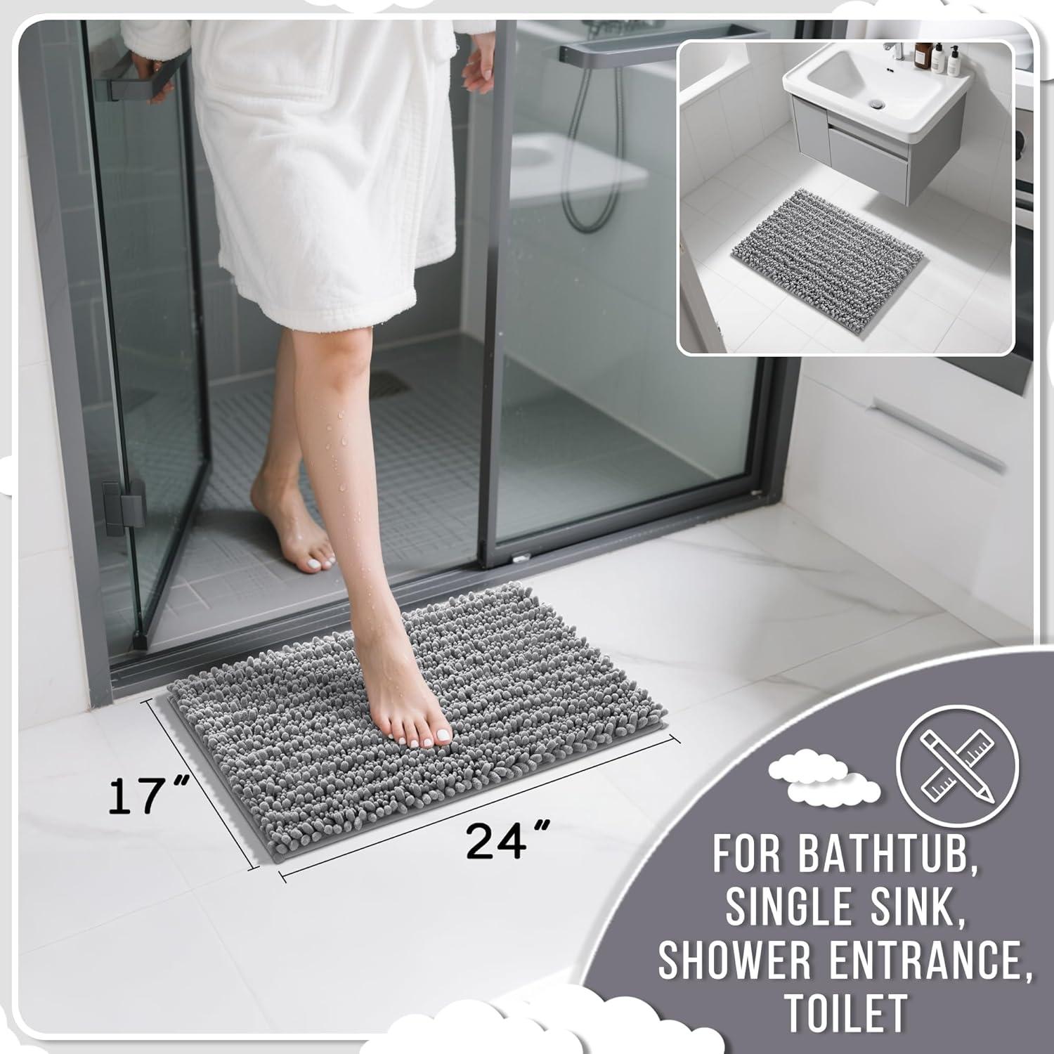 CHENHAINAN Bathroom Rug Mat, 24'' x 17'', Luxury Chenille Shaggy Bath Rugs, Extra Soft & Thick, Absorbent Water, Non-Slip, Machine Washable, Bath Mats for Bath Floor,Tub and Shower, Gray