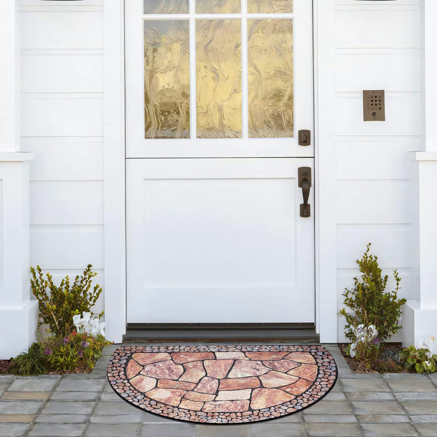 MANO Front Door Mat Outdoor Entrance, Heavy Duty Doormat Half Circle Rug for Outside Entry, Welcome Mat for Indoor Half Round Door Mats with Non Slip Rubber (21" x 33", Cobble)
