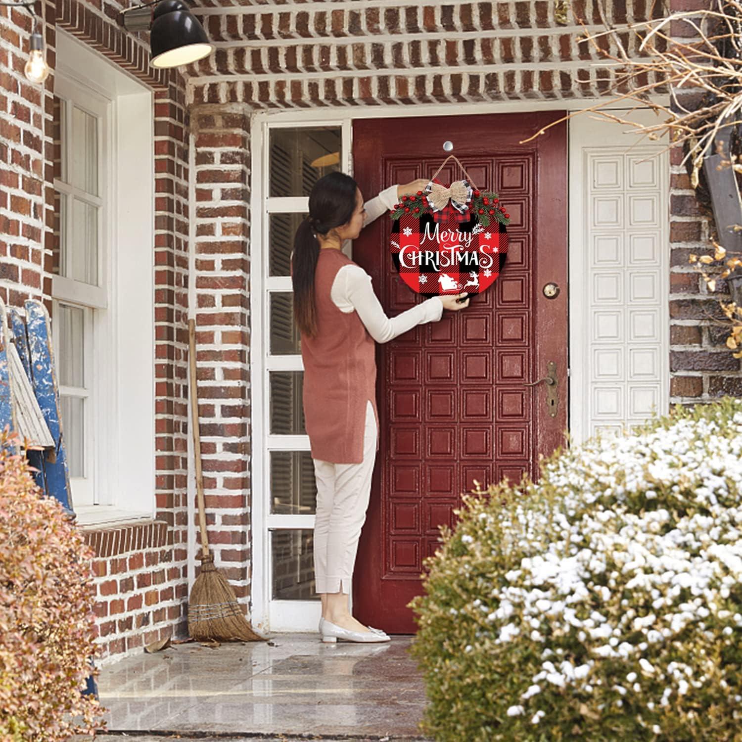 Rustic Red and Black Plaid Wooden Merry Christmas Sign