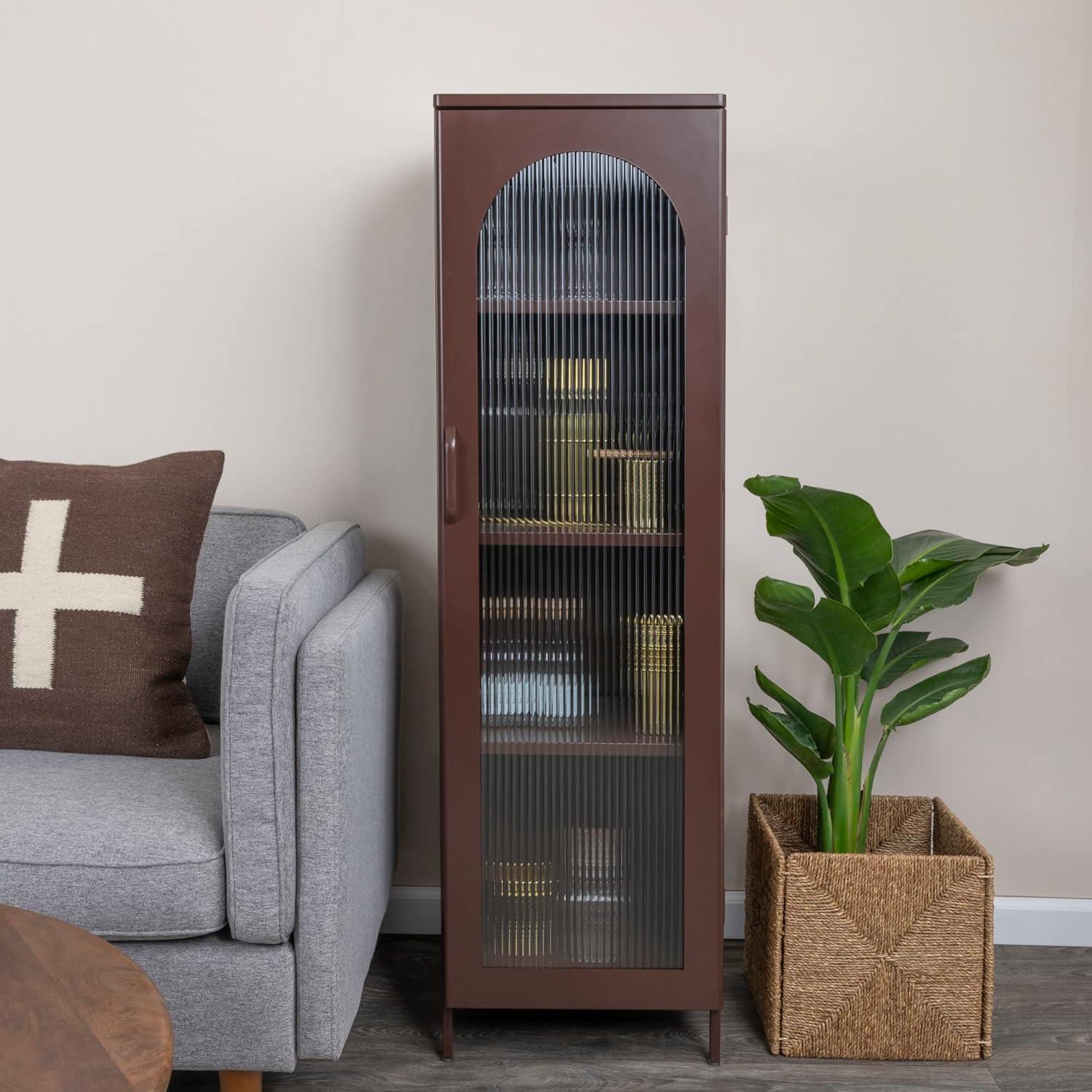 Storied Home Tall Metal Accent Cabinet: 3 Shelves, Arched Glass, Vintage Brown, 57" Height