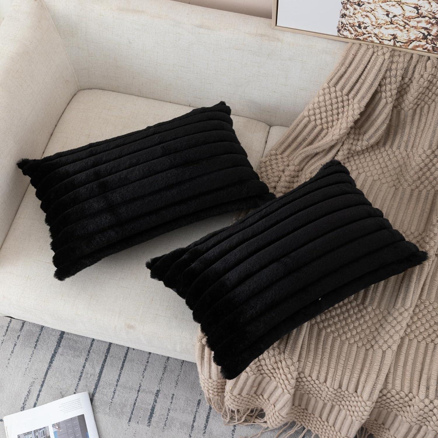 ZLINA Set of 2 Black Faux Fur Decorative Throw Pillow Covers Fluffy Striped Pillowcase Cushion Covers 12 x 20 Inch Decor Sofa Couch Bedroom