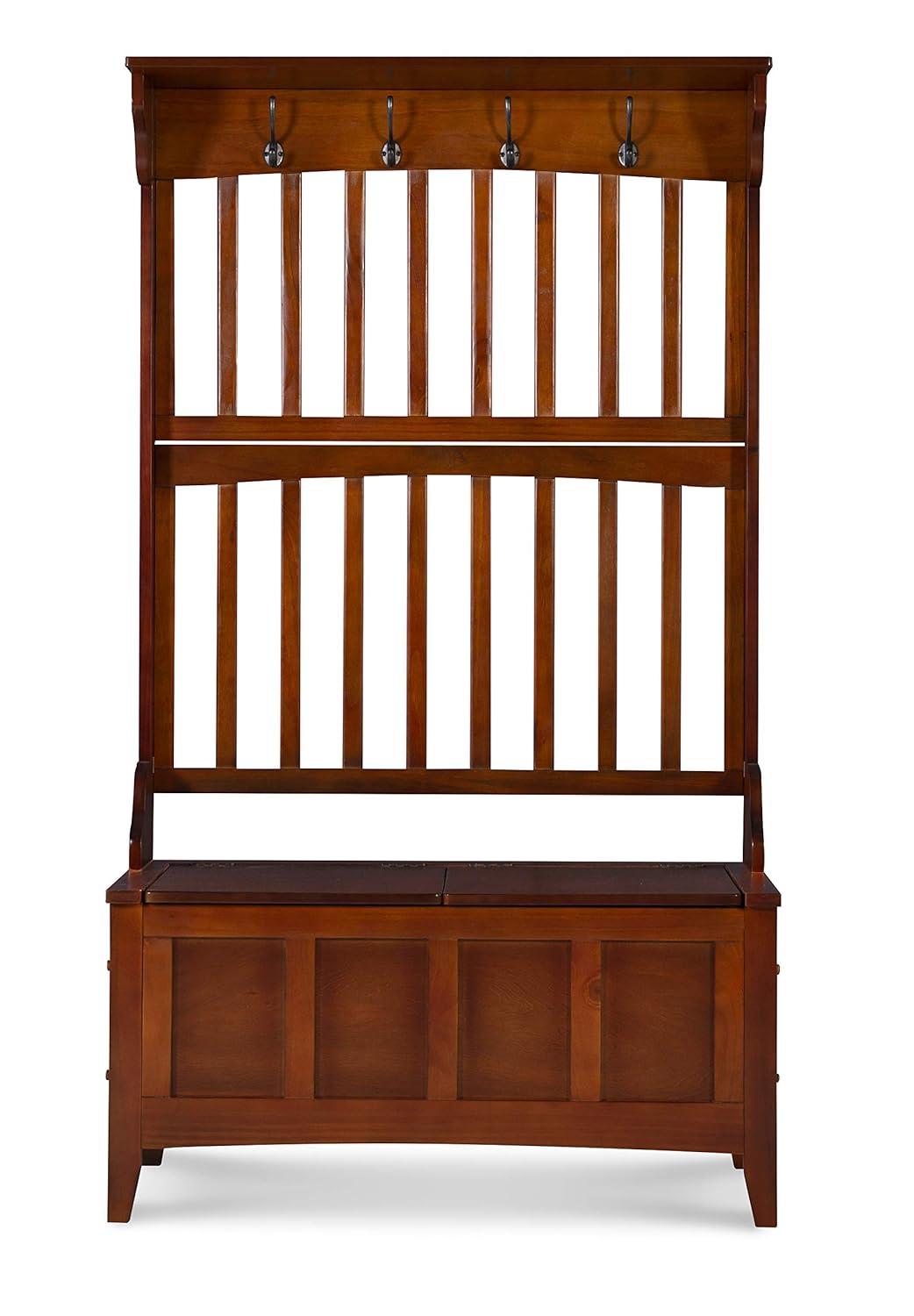 Misson Traditional 4 Double Hooks Storage Bench Top Shelf Hall Tree Walnut Finish - Linon: Entryway Organizer, Flip-up Seat