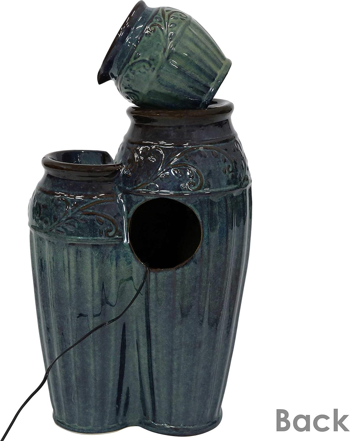 Sunnydaze 27"H Electric Ceramic Dark Turquoise Tour de Vase Outdoor Water Fountain with LED Lights