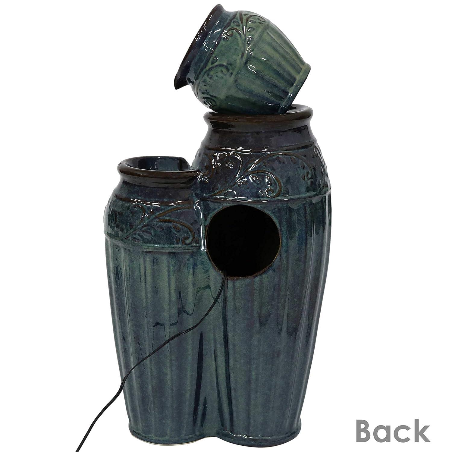 Sunnydaze 27"H Electric Ceramic Dark Turquoise Tour de Vase Outdoor Water Fountain with LED Lights