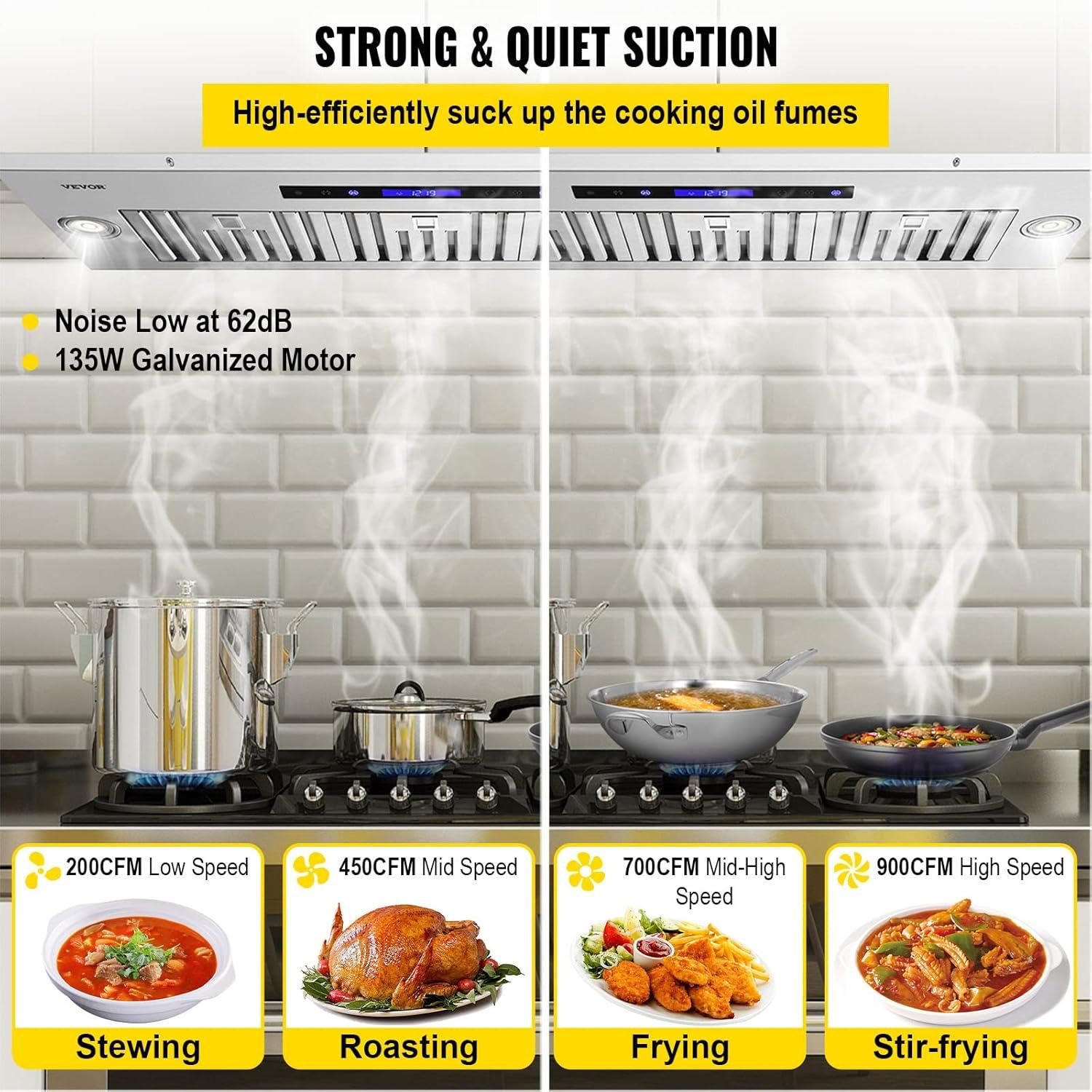 VEVOR 36" 900 CFM 4 Speed Ducted Insert Range Hood with Charcoal Filter and Light