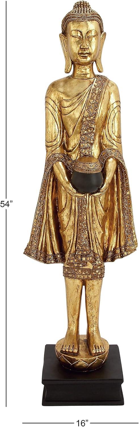 16" x 54" Gold Resin Meditating Buddha Sculpture with Engraved Carvings and Relief Detailing, by DecMode