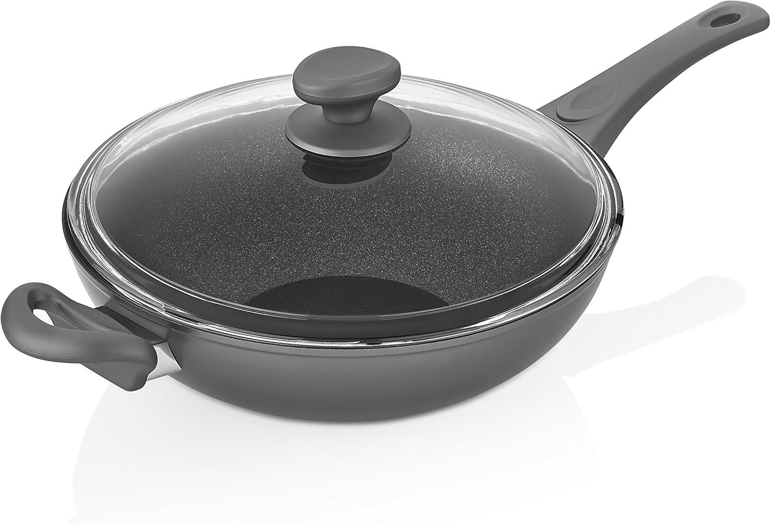 Titanium Nonstick 11 Inch Wok and Stir Fry Pan with Glass Lid Forged Aluminum with PFOA Free Scratch Resistant (Gray)