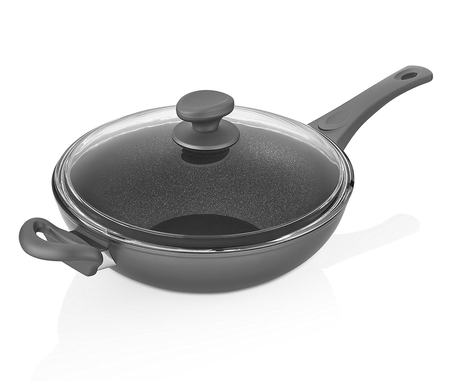 Titanium Nonstick 11 Inch Wok and Stir Fry Pan with Glass Lid Forged Aluminum with PFOA Free Scratch Resistant (Gray)
