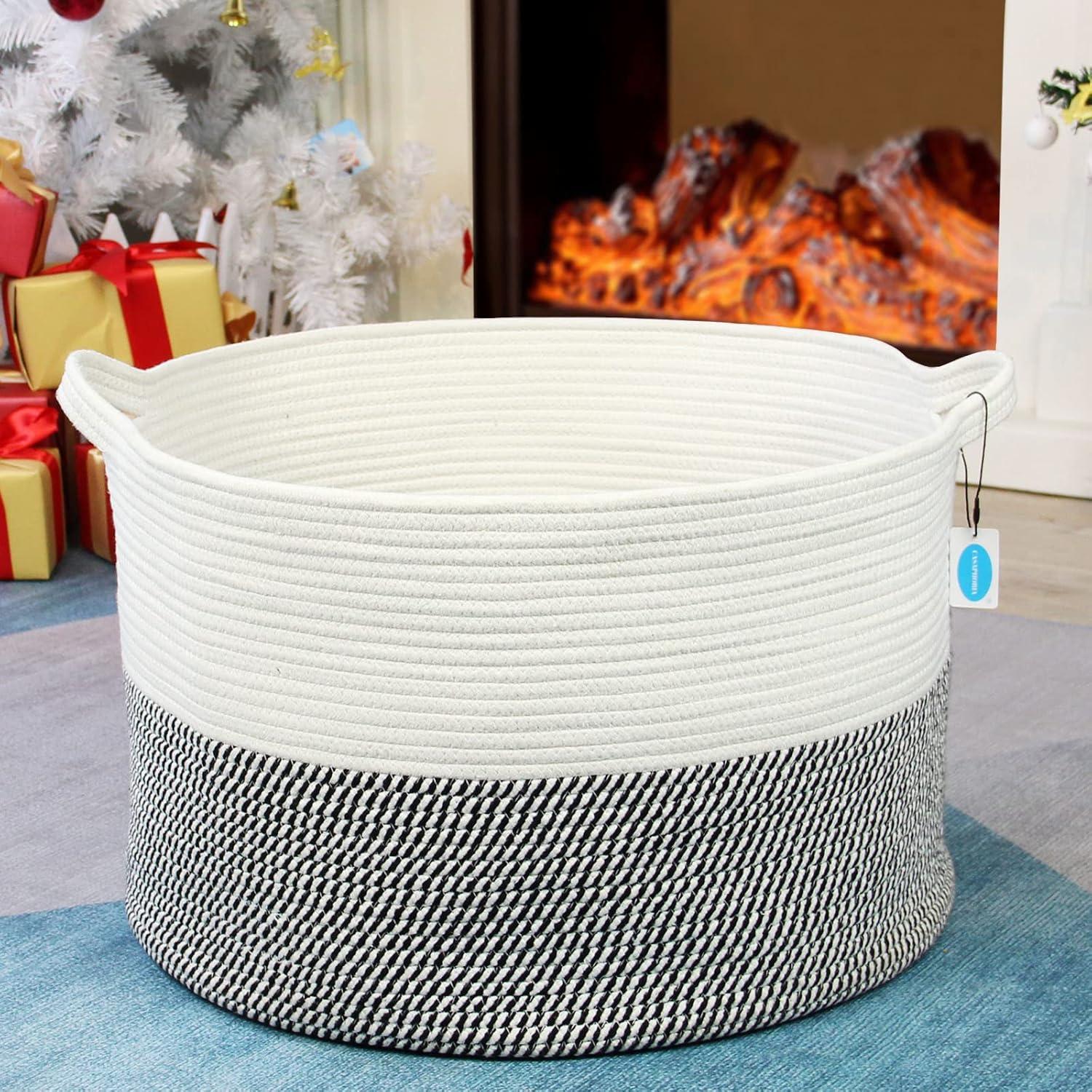 Casaphoria XXXLarge Cotton Rope Basket for Living Room - Woven Storage Basket with Handle for Blankets, Towels and Pillows Laundry Hamper | White & Grey (21.7" x 21.7" x 13.8")