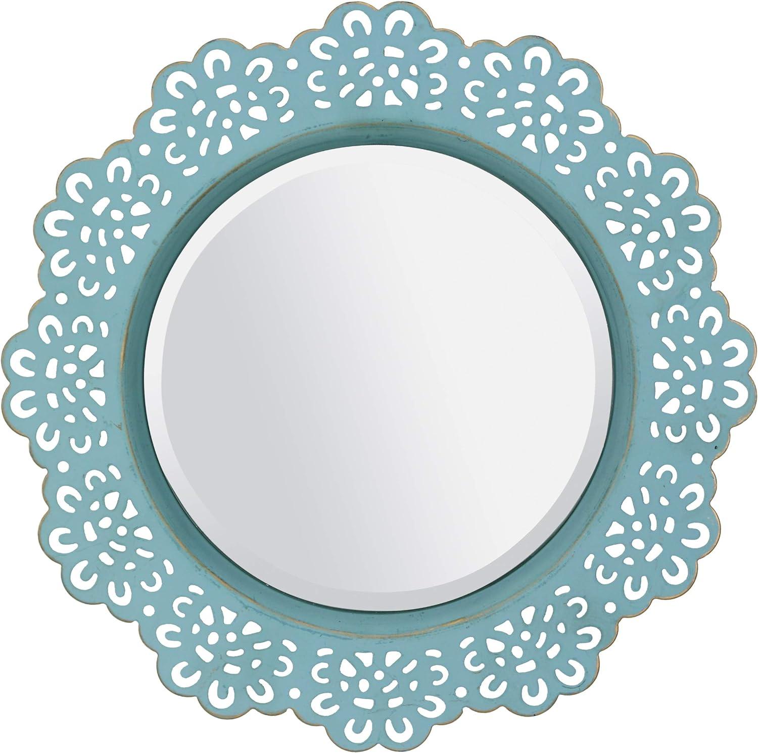 Blue Round Metal Lace Hanging Wall Mirror with Brass Highlights