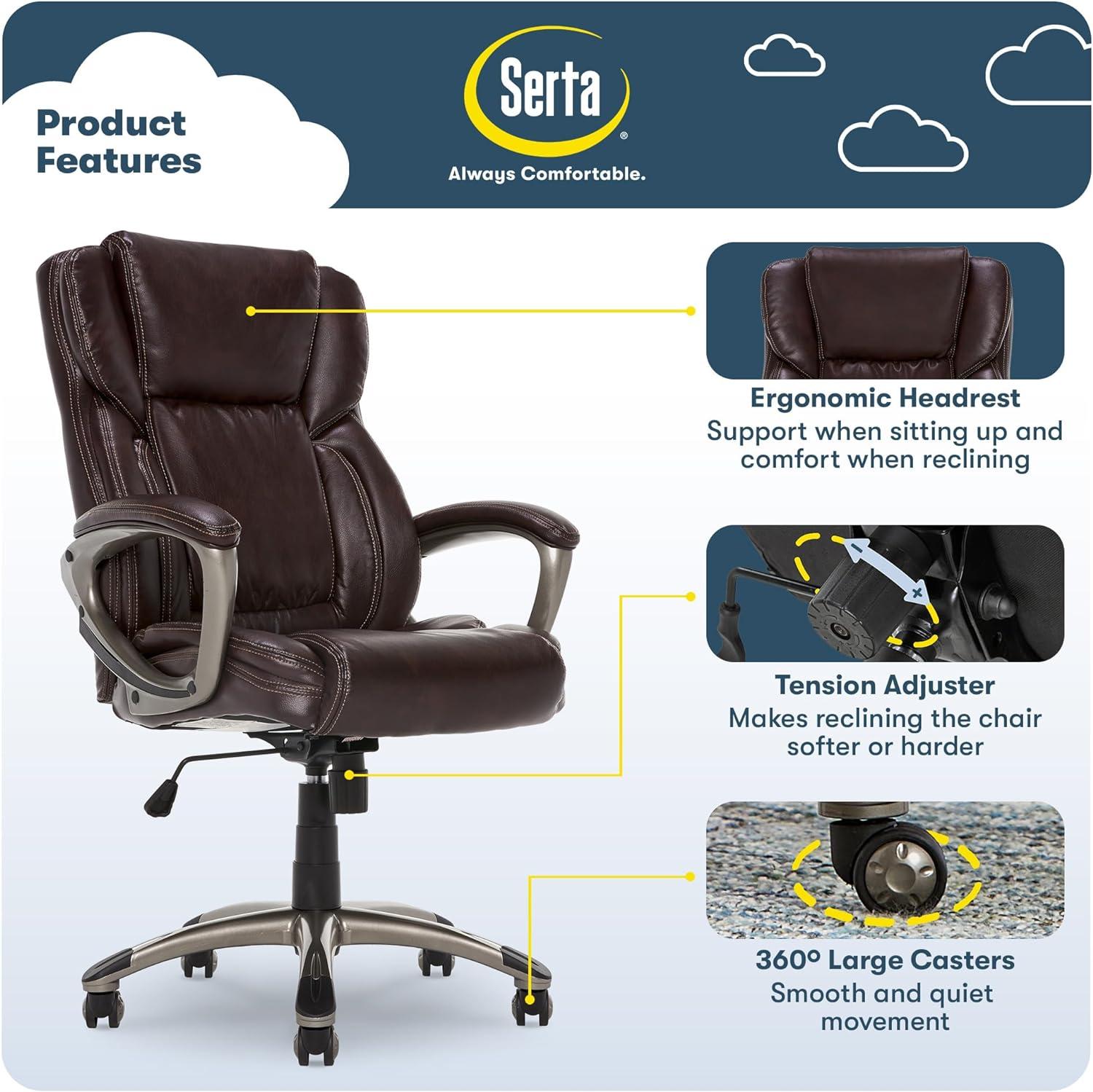 Serta Serta Garret Executive Office Chair, Ergonomic Lumbar Support, Semi-Plush Cushion, Body Pillows
