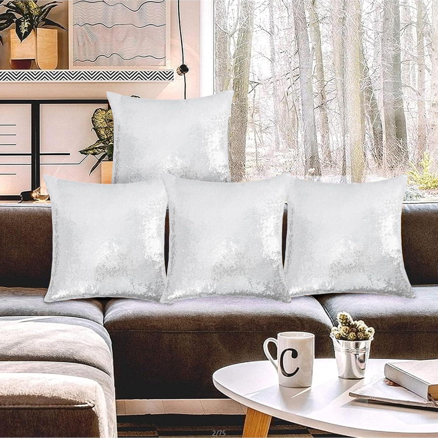 PiccoCasa 4 Pcs Sequin Throw Pillow Covers, Decorative Cushion Covers for Sofa Car Seat, 18"x18" Silver