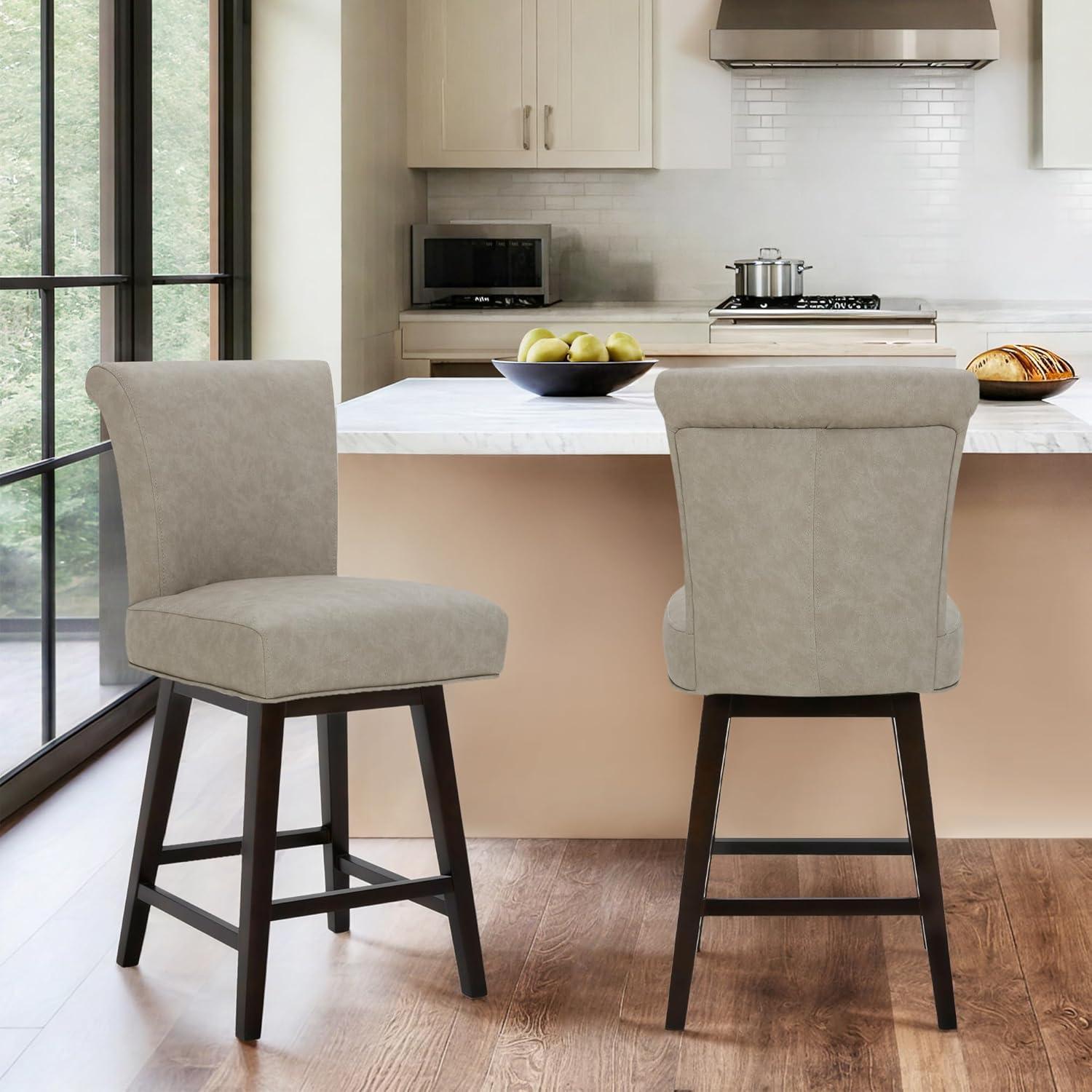 CHITA 26 in Upholstered Swivel Counter Bar Stools with Back&Wood Legs Set of 2, Faux Leather in Creamy Gray