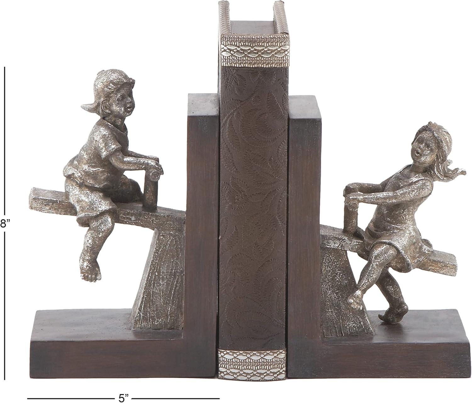 DecMode 4" People Brown Polystone Bookends with Swing Set (Set of 2)